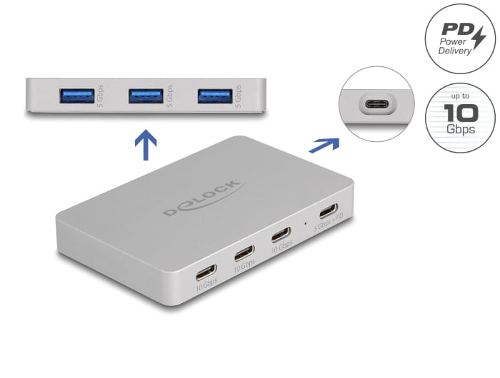 Delock Hub - with Power Delivery 82 Watt - 3 x USB-C 3.2 Gen 2 + 3 x SuperSpeed USB + 1 x USB-C (Spannungsversorgung)