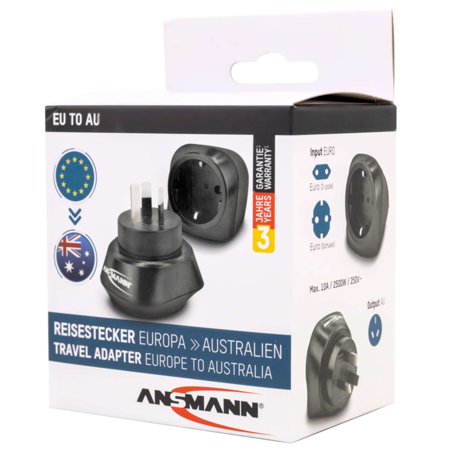 Ansmann 1250-0033, Typ I (AU), Typ C (Euro-Stecker), Gerade, Gerade, 250 V, 10 A