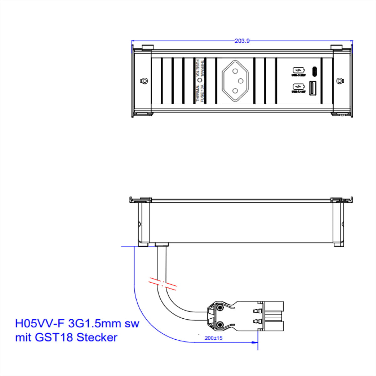 Bachmann KAPSA - Steckdosenleiste - Eingabe, Eingang T13 - Ausgangsanschlüsse: 3 (T13, 24 pin USB-C, USB)