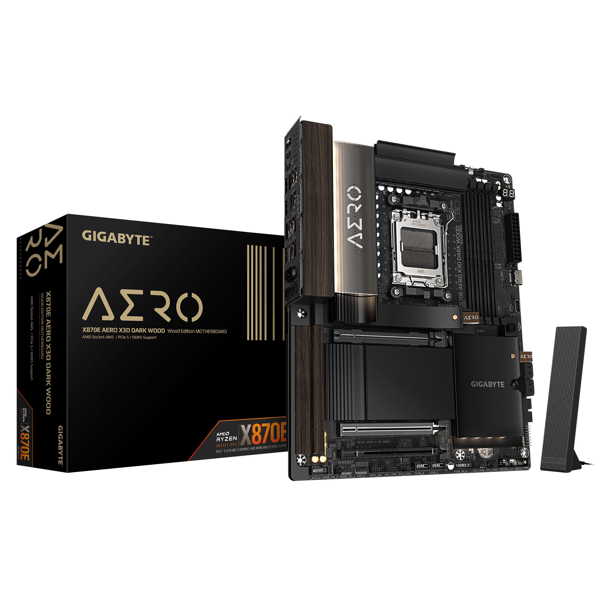 Gigabyte X870E AERO X3D DARK WOOD - Motherboard - ATX - Socket AM5 - AMD X870E Chipsatz - USB-C 3.2 Gen 2x2, USB 3.2 Gen 1, USB4, USB 3.2 Gen 2 - 2 x 5 Gigabit LAN, Wi-Fi 7, Bluetooth - Onboard-Grafik (CPU erforderlich)