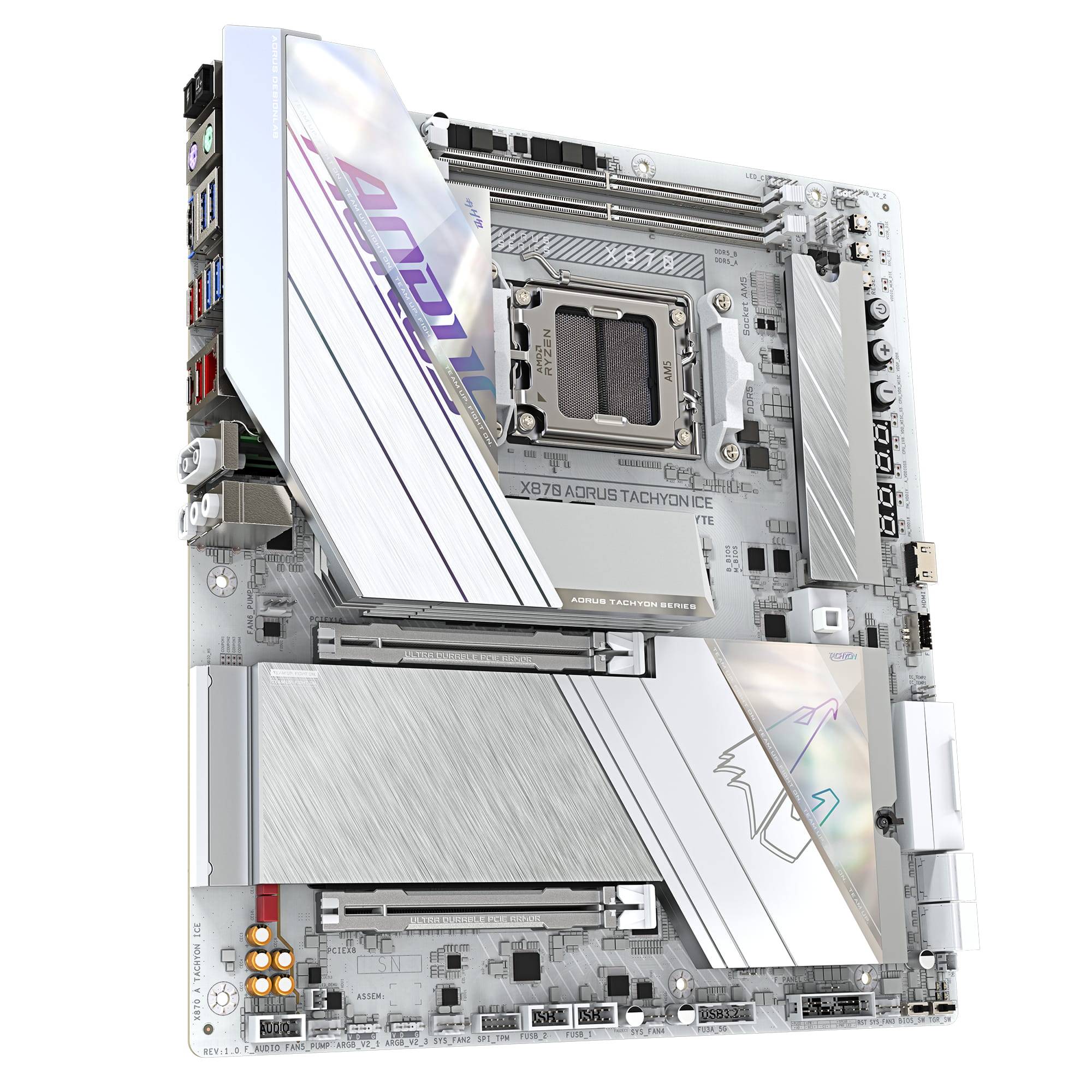 Gigabyte X870 AORUS TACHYON ICE Mainboard – Unterstützt AMD Ryzen 9000 CPUs, digitale 18+2+2 Phasen VRM, bis zu 9600 MHz DDR5 (OC), 1 x PCIe 5.0 + 2 x PCIe 4.0, Wi-Fi 7, 5 GbE LAN, USB 4, AMD, Sockel AM5, AMD Ryzen 7000 Series, AMD Ryzen 8000 Series, 