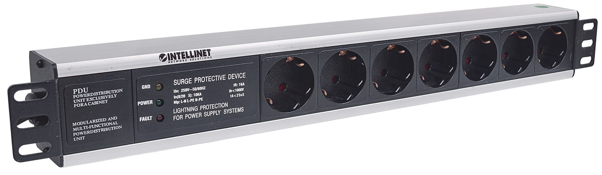Intellinet 19" 1.5U Rackmount 7-Way Power Strip - German Type", With Surge Protection, 3m Power Cord - Steckdosenleiste (Rack - einbaufähig)