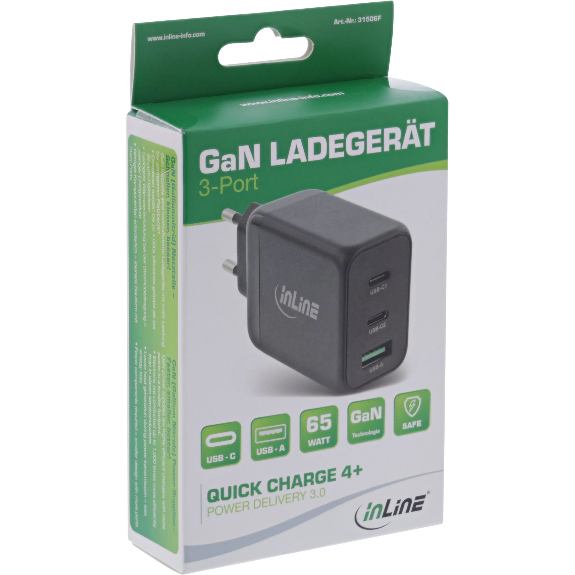 InLine USB PD Netzteil - GaN Ladegerät - 3-Port - Dual USB-C+USB-A - 65W - schwarz