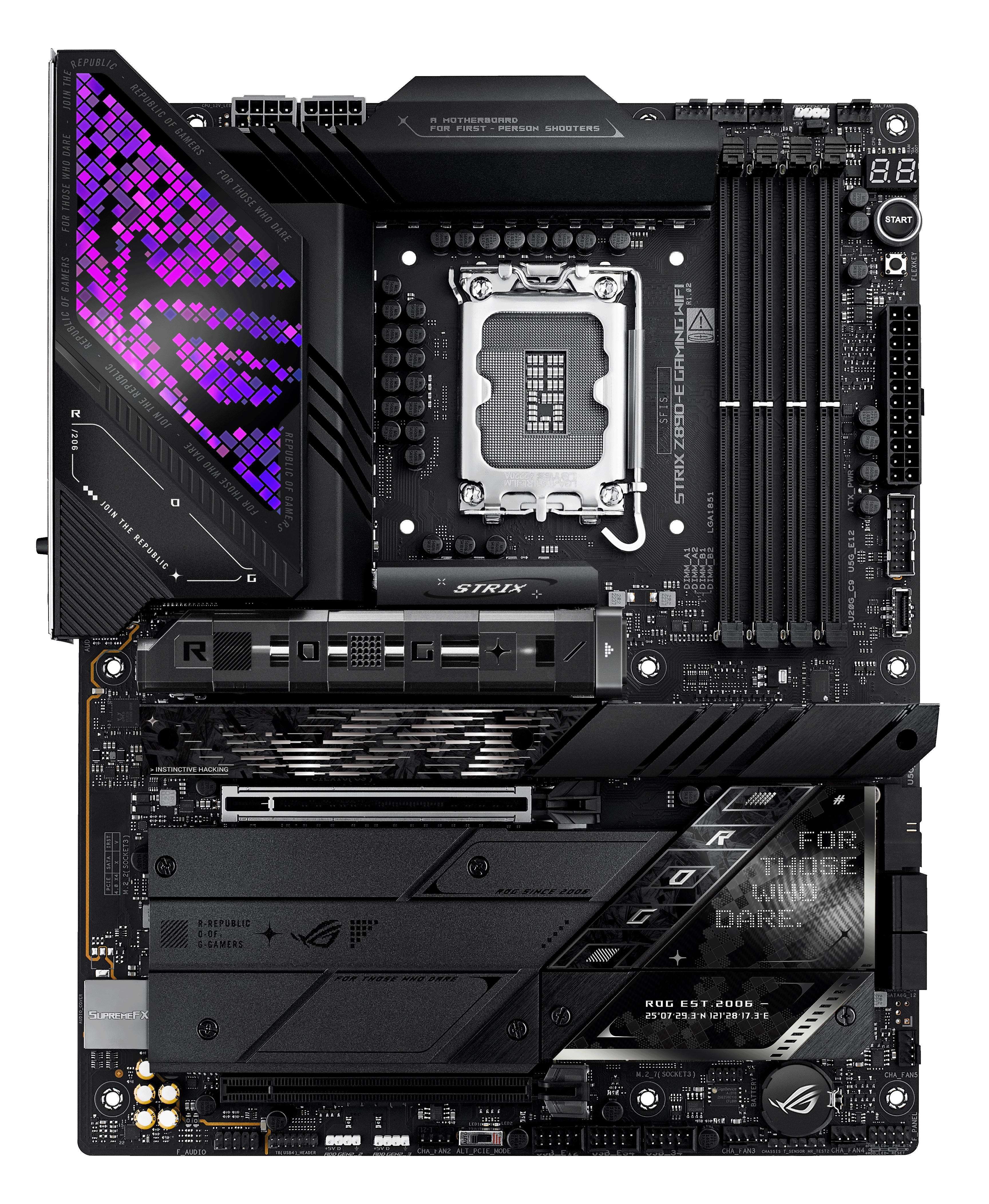 ASUS ROG STRIX Z890-E GAMING WIFI - Motherboard - ATX - LGA1851-Sockel - Z890 Chipsatz - USB-C 3.2 Gen 2x2, USB 3.2 Gen 1, USB 3.2 Gen 2, USB-C 3.2 Gen2, USB4 - 5 Gigabit Ethernet, Wi-Fi 7, Bluetooth - Onboard-Grafik (CPU erforderlich)