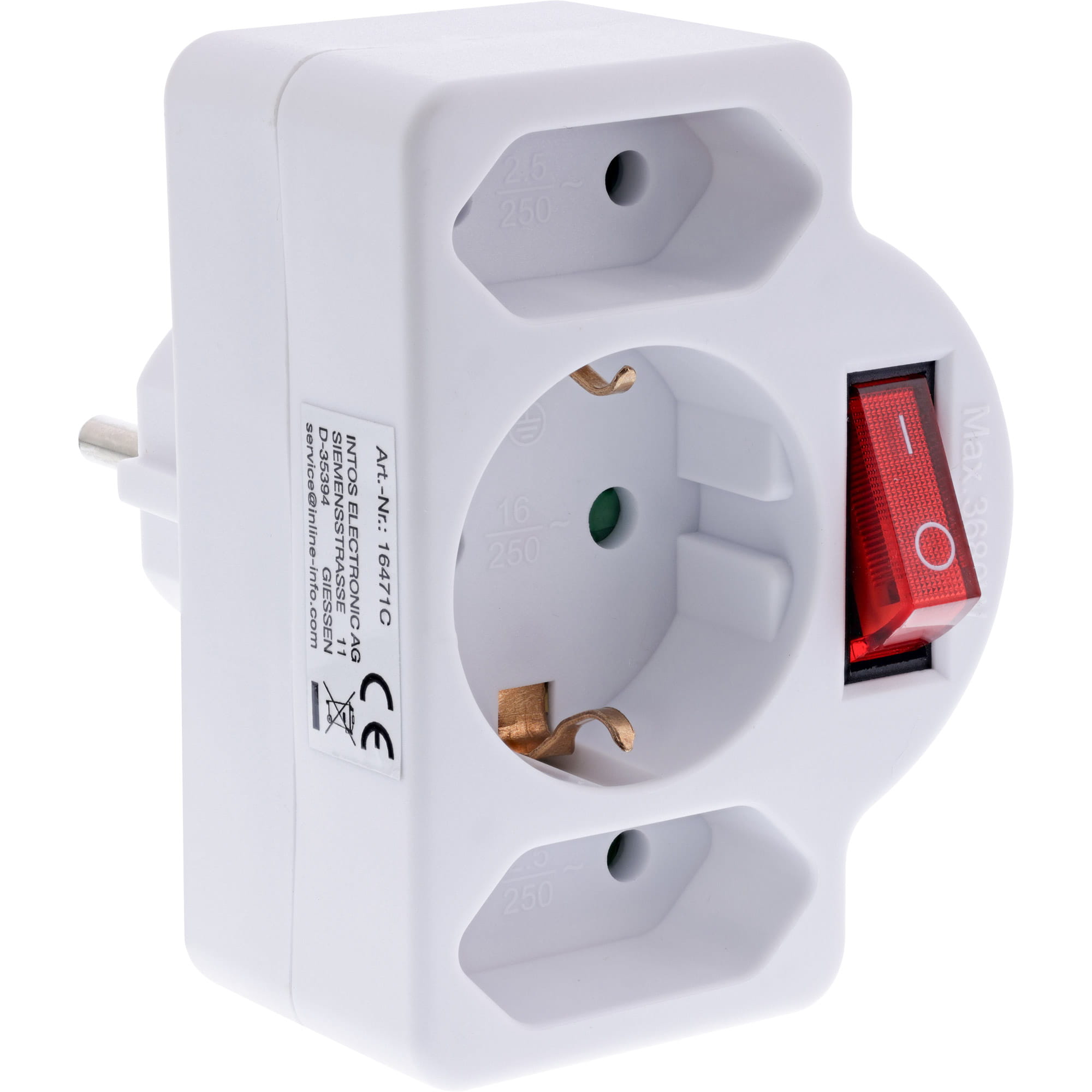 InLine Steckdosenadapter - SK Stecker an 2xEuro+1x SK - mit Schalter - weiß
