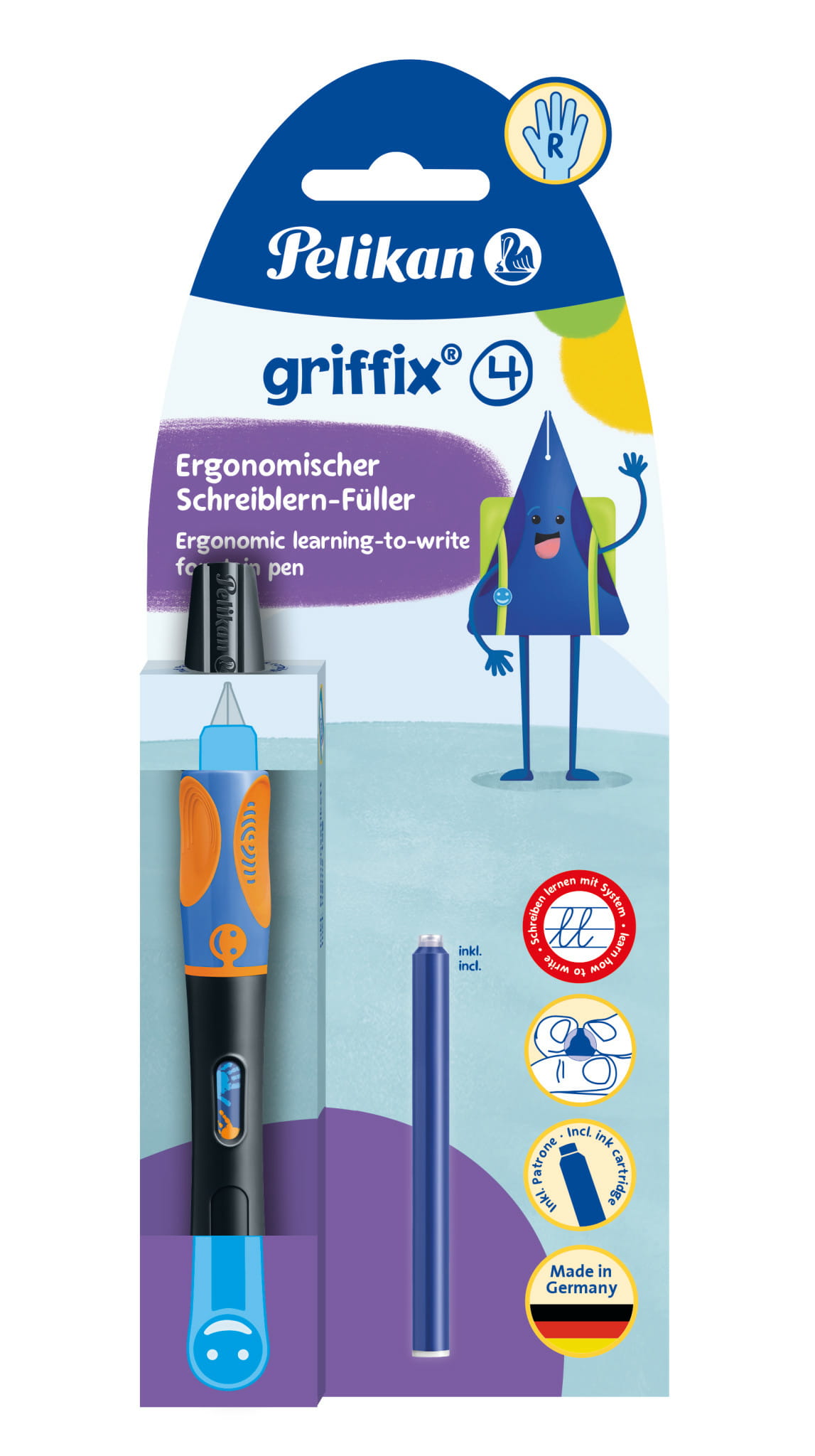 Pelikan griffix® Füller für Rechtshänder, Neon Black, Schwarz, Kartuschenfüllsystem, Blau, Kunststoff, Edelstahl, Rechtshändig