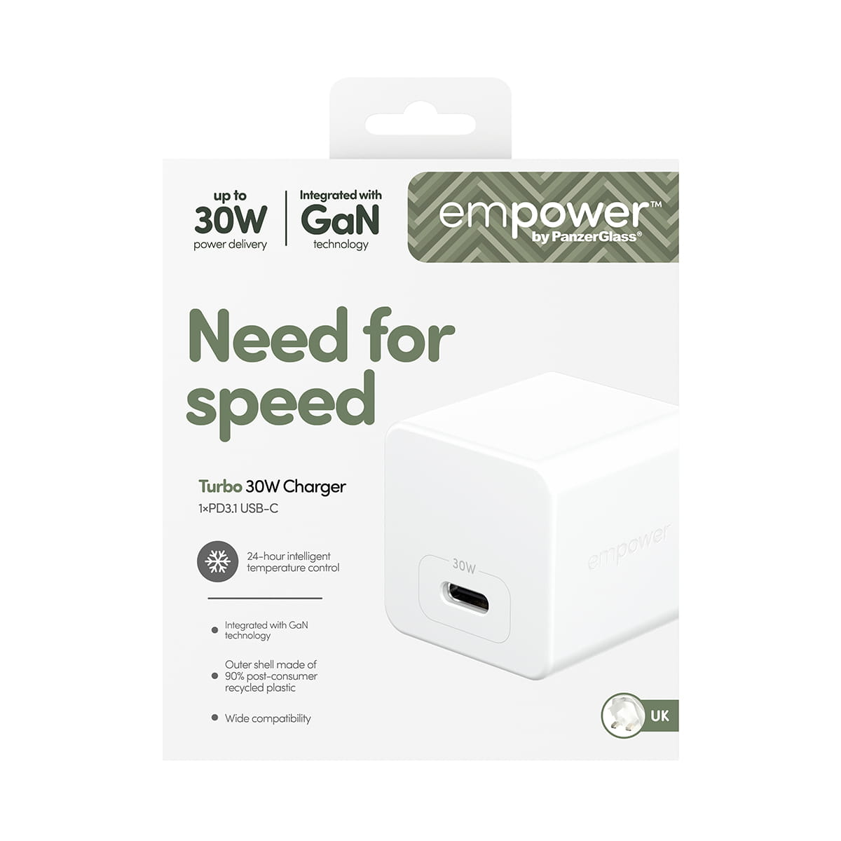 PanzerGlass empower™ by ® Turbo 30W Ladegarät Single USB-C | UK Anschluss | Silber Weiß, Weiß