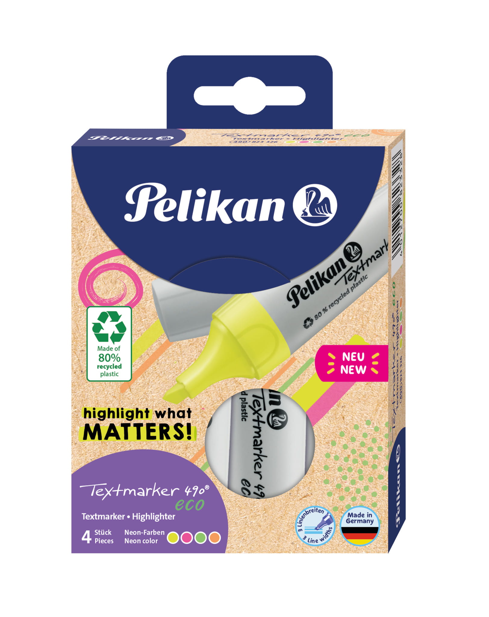 Pelikan Textmarker 490 eco, 4 Stück(e), Grün, Orange, Pink, Gelb, Meißel, Recycelbarer Kunststoff, Fett/Fein/Mittel, 1 mm