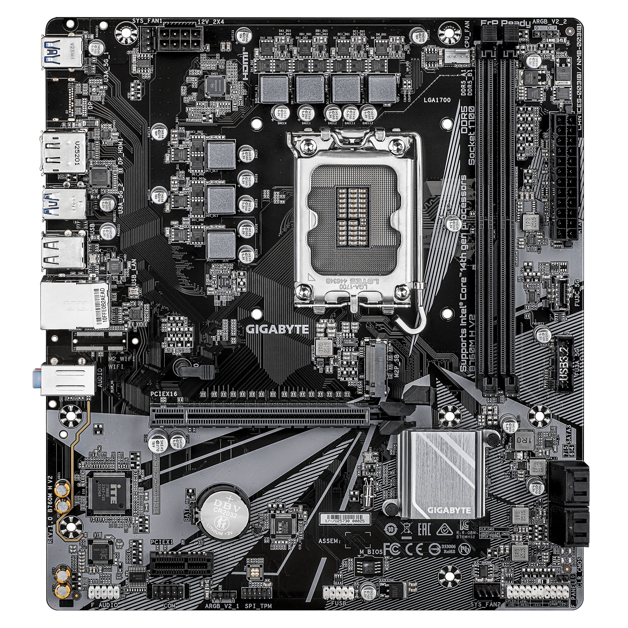 Gigabyte B760M H V2 Mainboard - Unterstützt Intel Core Prozessoren der 14. Generation, digitales 5+1+1-Phasen-VRM, bis zu 8000MHz DDR5 (O.C.), 1xPCIe 4.0 M.2, 1GbE LAN, USB 3.2 Gen1, Intel, LGA 1700, Intel® Celeron®, Intel Core i3 12th Gen, Intel Core