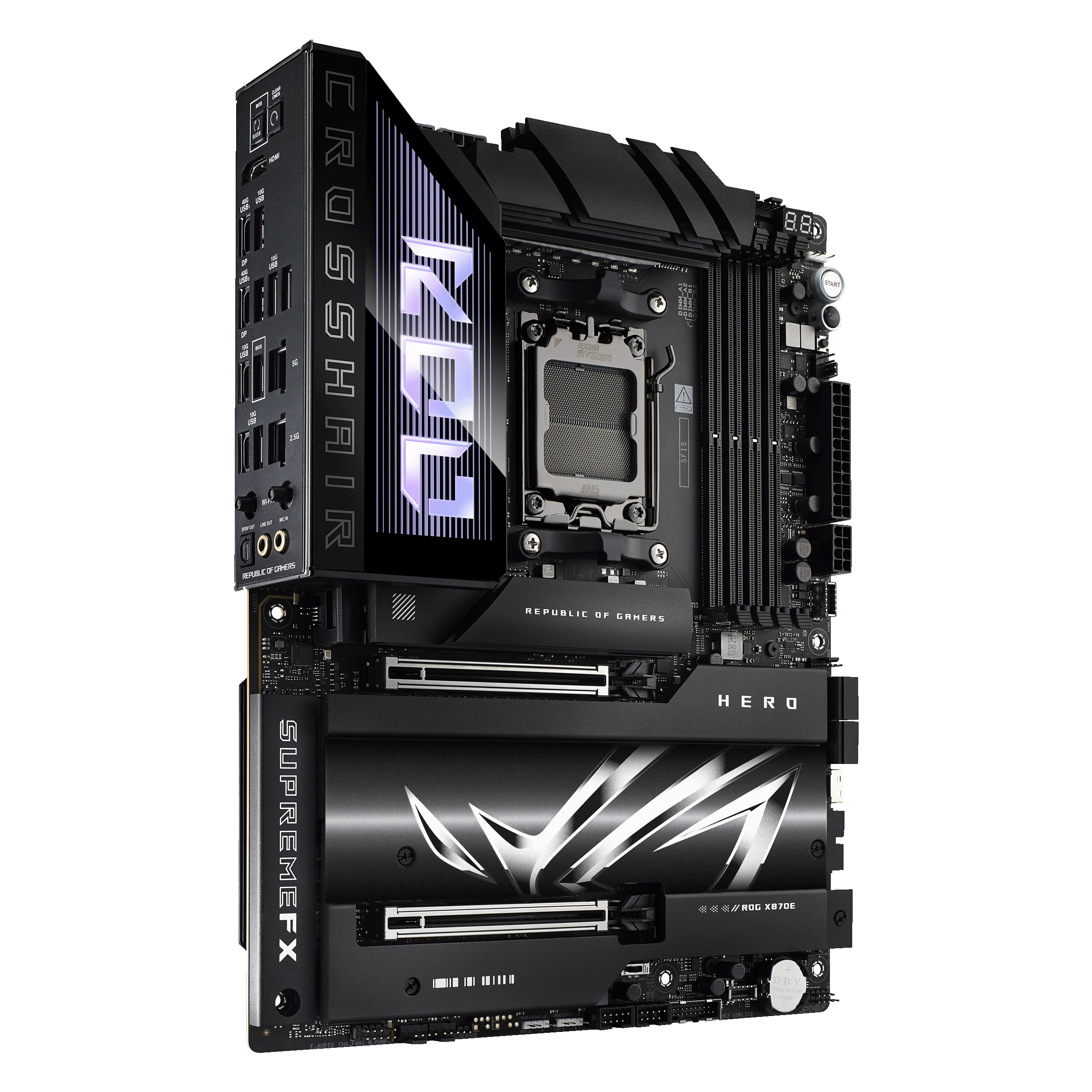 ASUS ROG CROSSHAIR X870E HERO - Motherboard - ATX - Socket AM5 - AMD X870E Chipsatz - USB4, USB 3.2 Gen 2, USB-C 3.2 Gen2, USB 3.2 Gen 1, USB-C 3.2 Gen 2x2 - Wi-Fi 7, Bluetooth, 5 Gigabit Ethernet - Onboard-Grafik (CPU erforderlich)