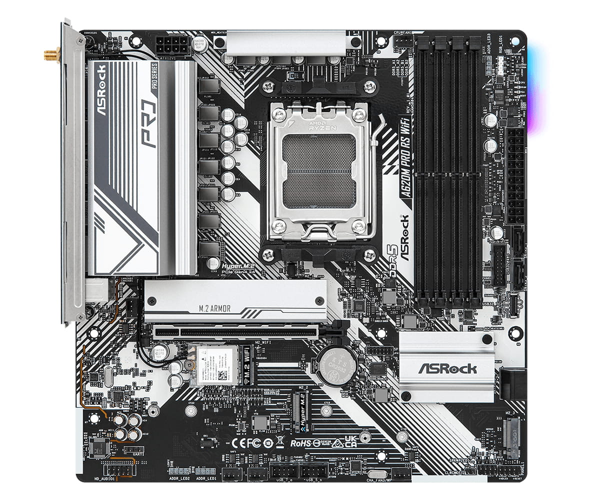 ASRock A620M PRO RS WIFI - Motherboard - micro ATX - Socket AM5 - AMD A620 Chipsatz - USB 3.2 Gen 1, USB-C 3.2 Gen 1 - Gigabit LAN, Wi-Fi 6 - Onboard-Grafik (CPU erforderlich)