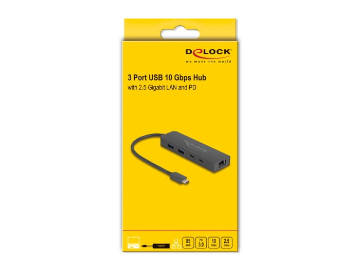 Delock Hub - 1 x USB-C 3.2 Gen 2 + 1 x 100/1000/2.5G + 1 x USB-C 3.2 Gen 2 (Stromversorgung)
