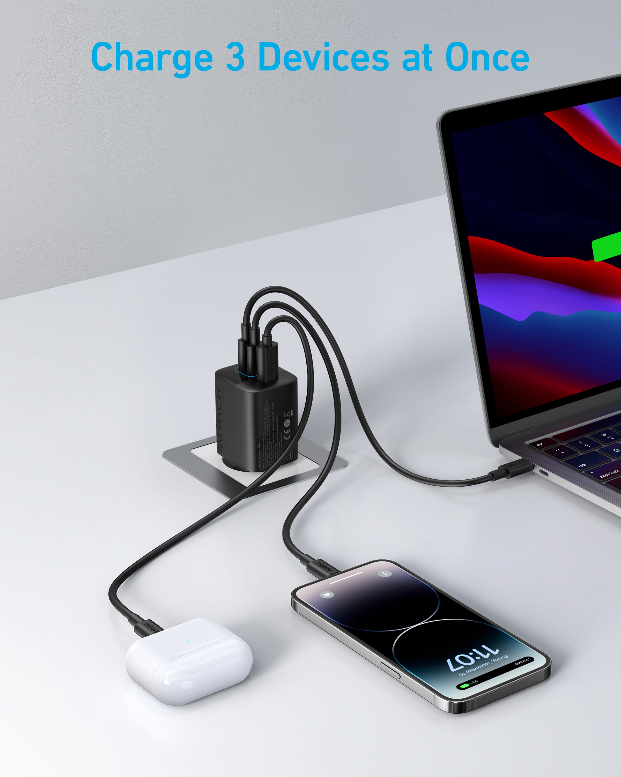ANKER 336 - Netzteil - 67 Watt - 5 A - IQ 3.0, PD/PPS - 3 Ausgabeanschlussstellen (2 x USB-C, USB Typ A)