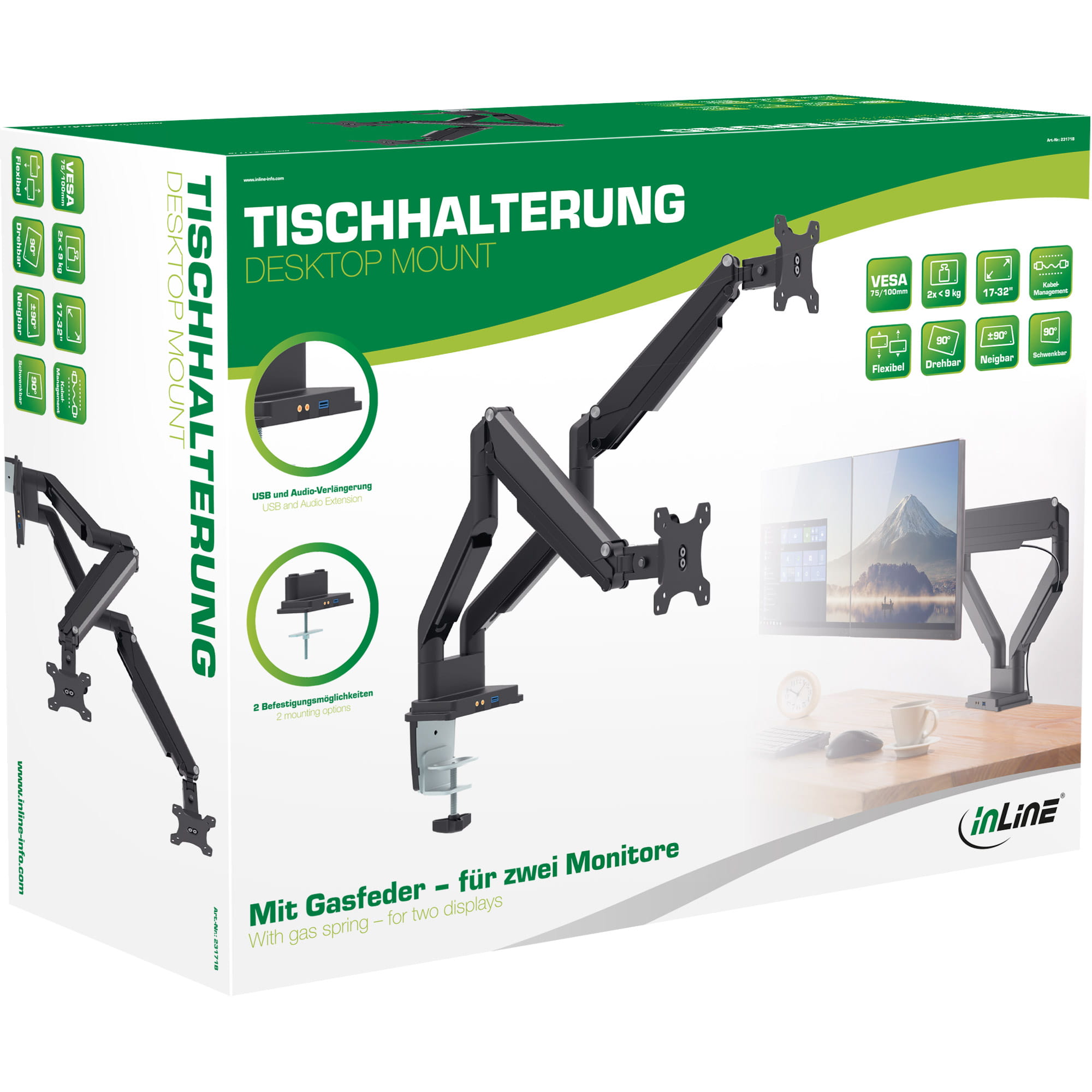 InLine Tischhalterung mit Lifter & USB/Audio - 2 Monitore bis 81cm (32"),schwarz