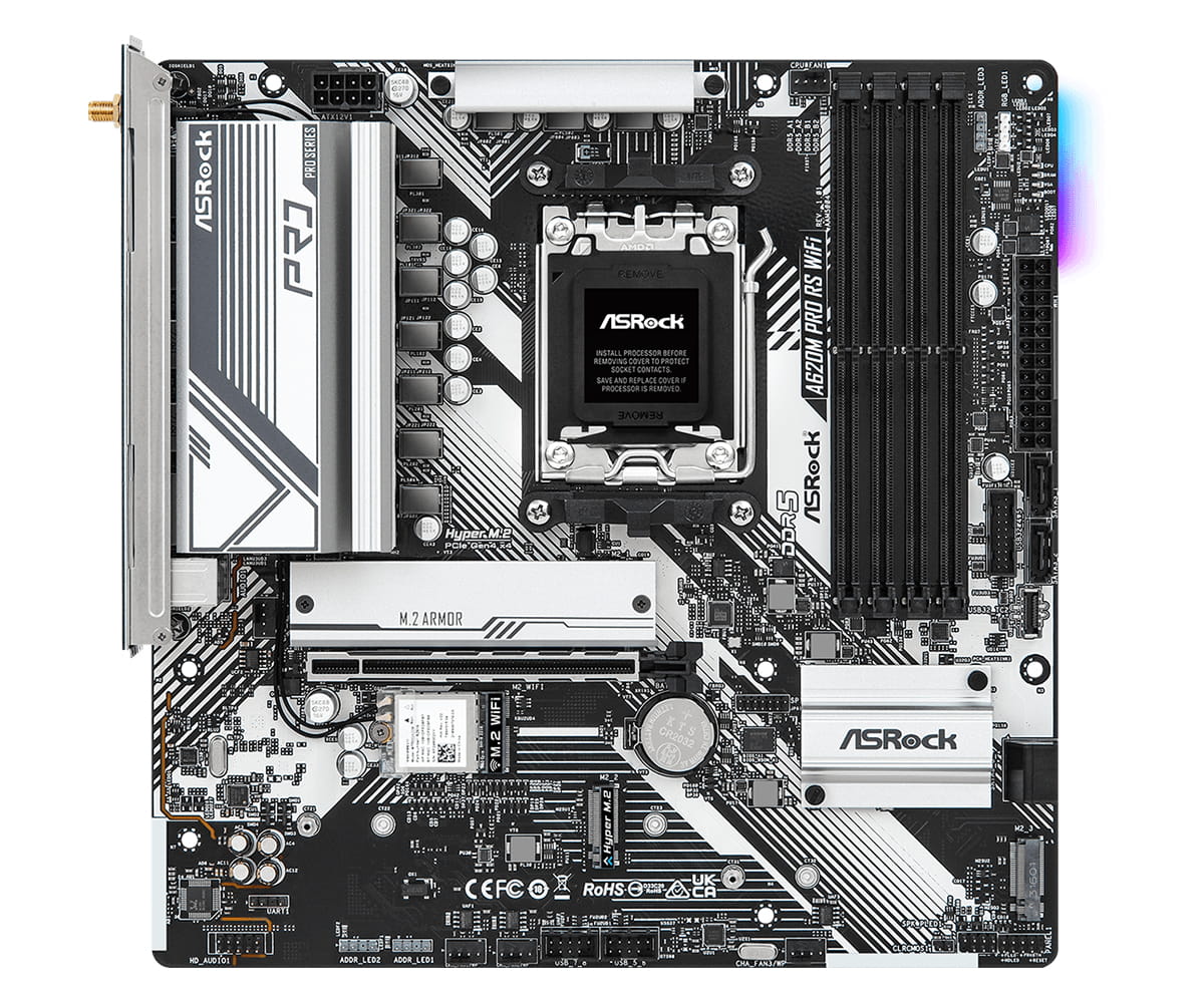 ASRock A620M PRO RS WIFI - Motherboard - micro ATX - Socket AM5 - AMD A620 Chipsatz - USB 3.2 Gen 1, USB-C 3.2 Gen 1 - Gigabit LAN, Wi-Fi 6 - Onboard-Grafik (CPU erforderlich)