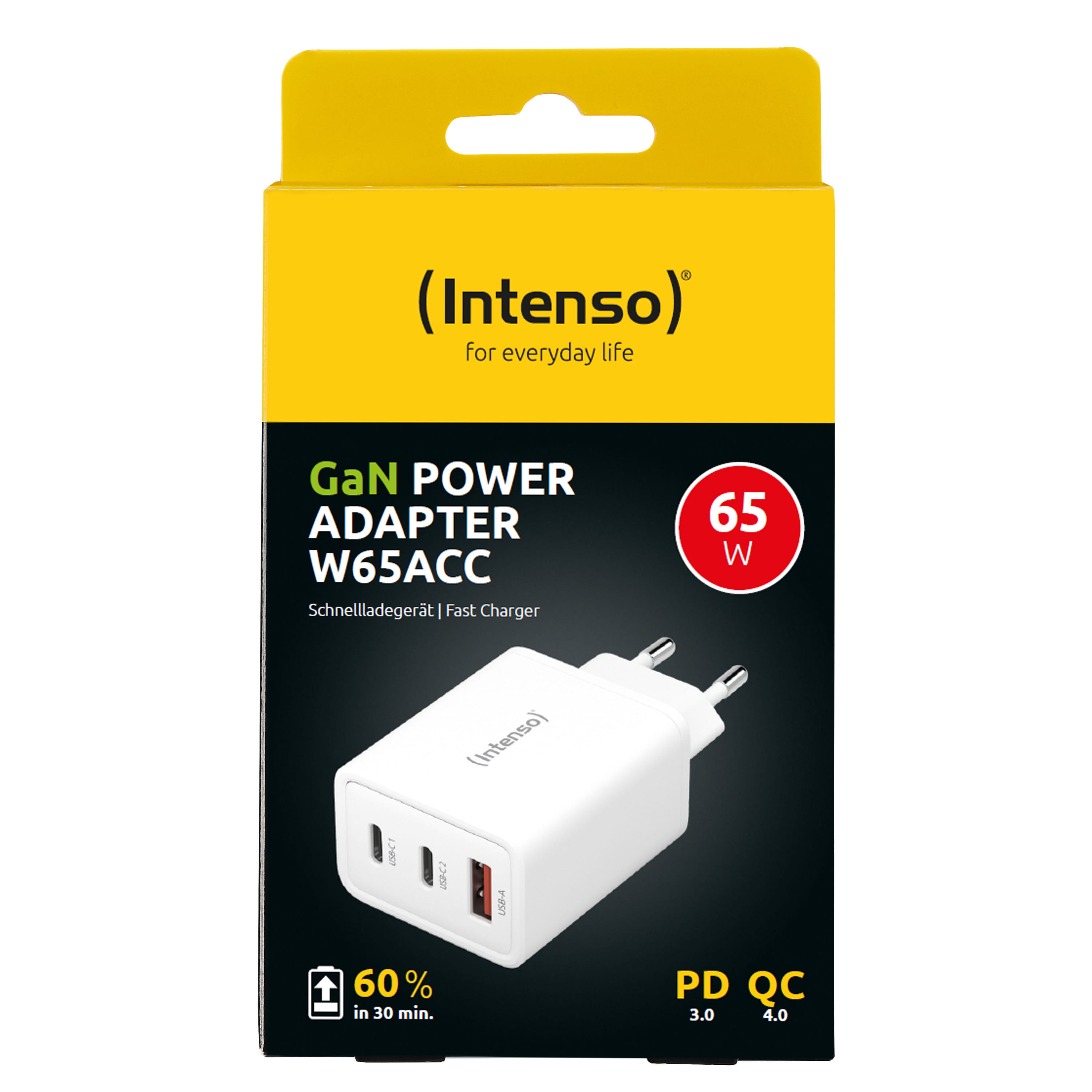 Intenso W65ACC - Netzteil - GaN - 65 Watt - PD 3.0, PD/PPS, QC 4.0 - 3 Ausgabeanschlussstellen (2 x USB-C, USB Typ A)
