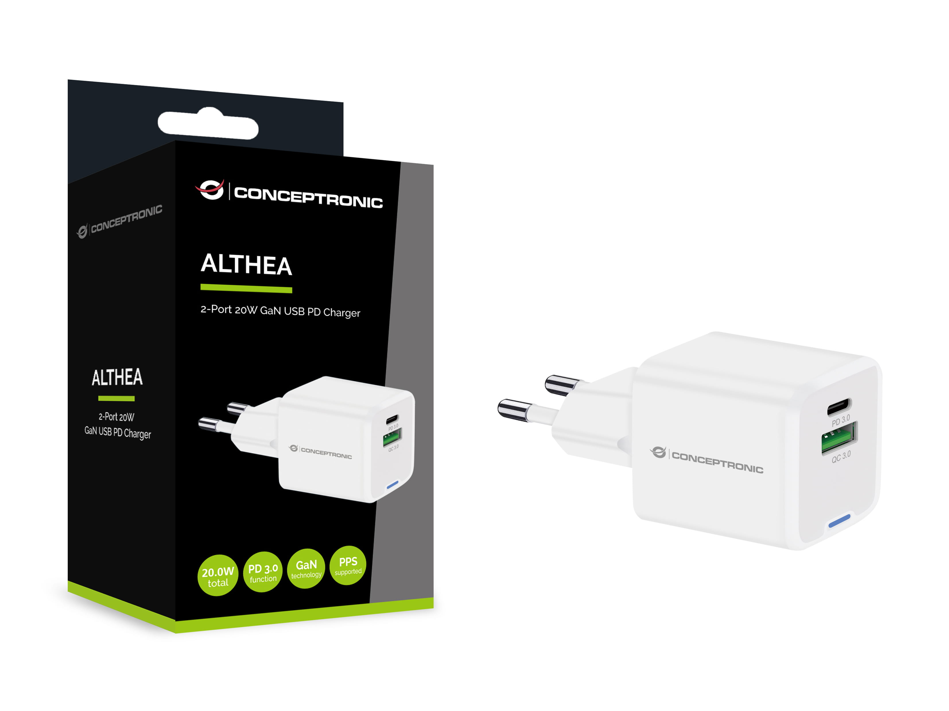 Conceptronic 2-Port 20W GaN USB-PD-Ladegerät, USB-C x 1, USB-A x 1, QC 3.0, PPS, Drinnen, AC, 12 V, Weiß