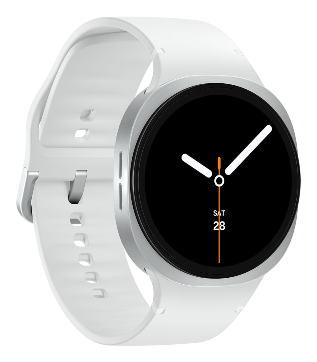 Samsung Galaxy Watch8 - 44 mm - silber - intelligente Uhr mit Sportband - Gummi - weiß - Bandgröße: M/L - Anzeige 3.7 cm (1.47")