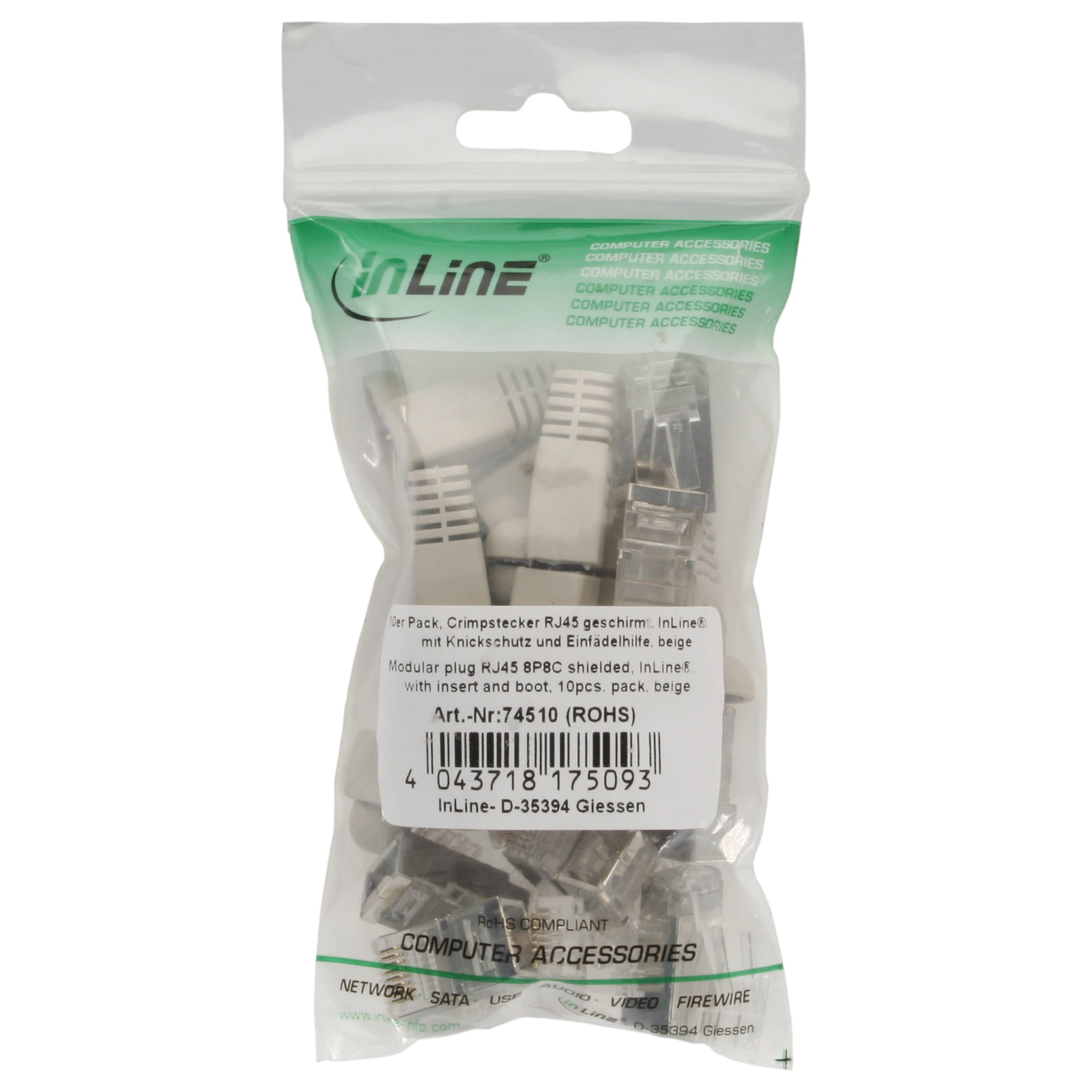 InLine Crimpstecker RJ45 geschirmt - Knickschutz beige & Einfädelhilfe 10er Pack