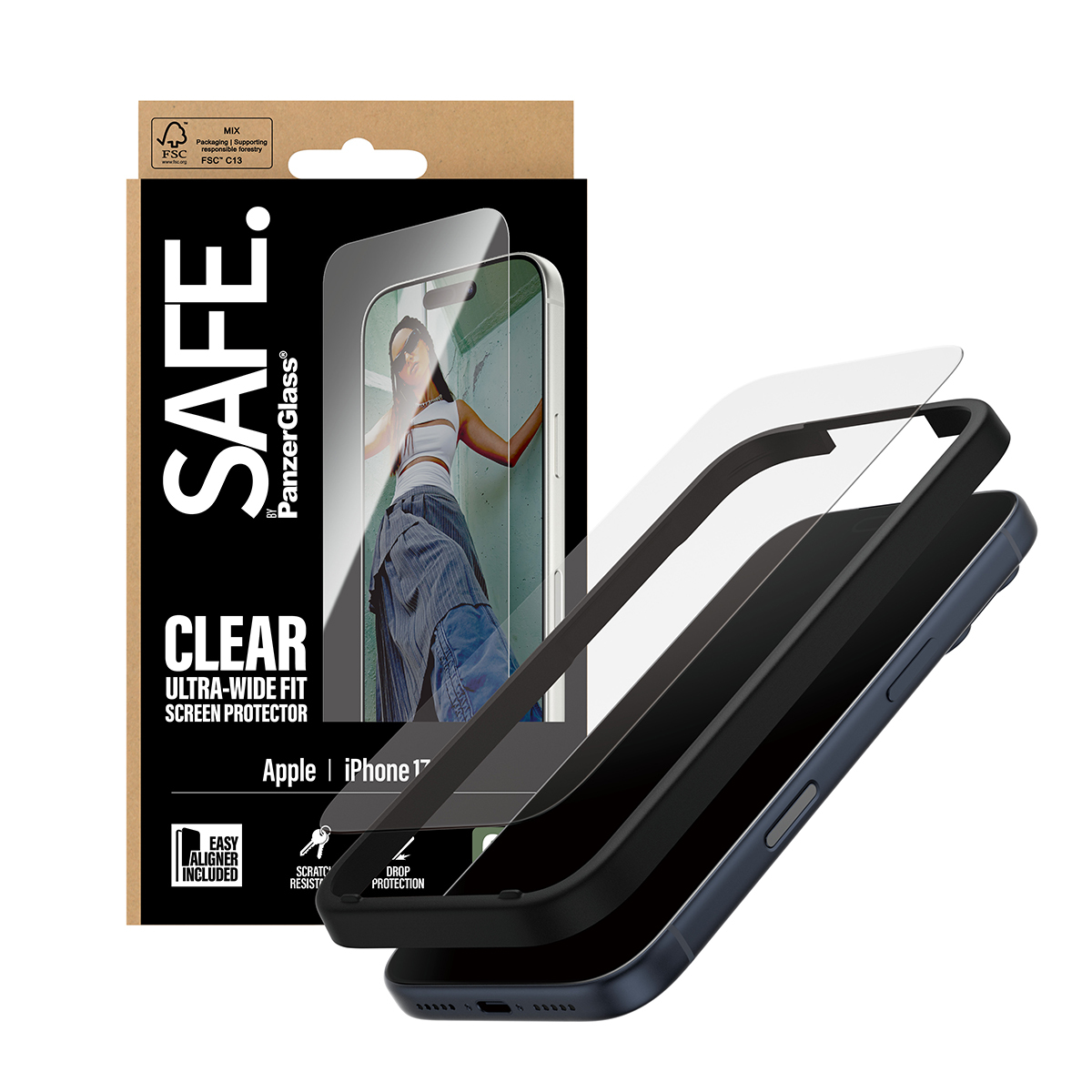 PanzerGlass SAFE. by ® Displayschutz iPhone 17 Pro | Ultra-Wide Fit m. EasyAligner, Apple, Apple - iPhone 17 Pro, Trockene Anwendung, Kratzresistent, Schockresistent, Transparent, 1 Stück(e)