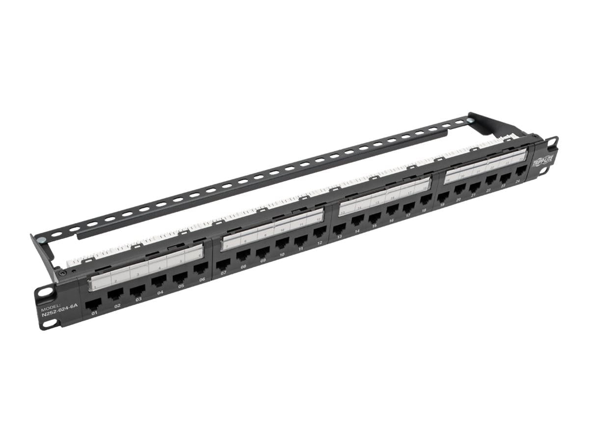 Tripp Eaton Tripp Lite Series 24-Port 1U Rack-Mount Cat6a/Cat6/Cat5e 110 Patch Panel with Cable Management Bar, 110 Punchdown, RJ45, TAA - Patch Panel - RJ-45 X 24 - Schwarz - 1U - 48.3 cm (19")