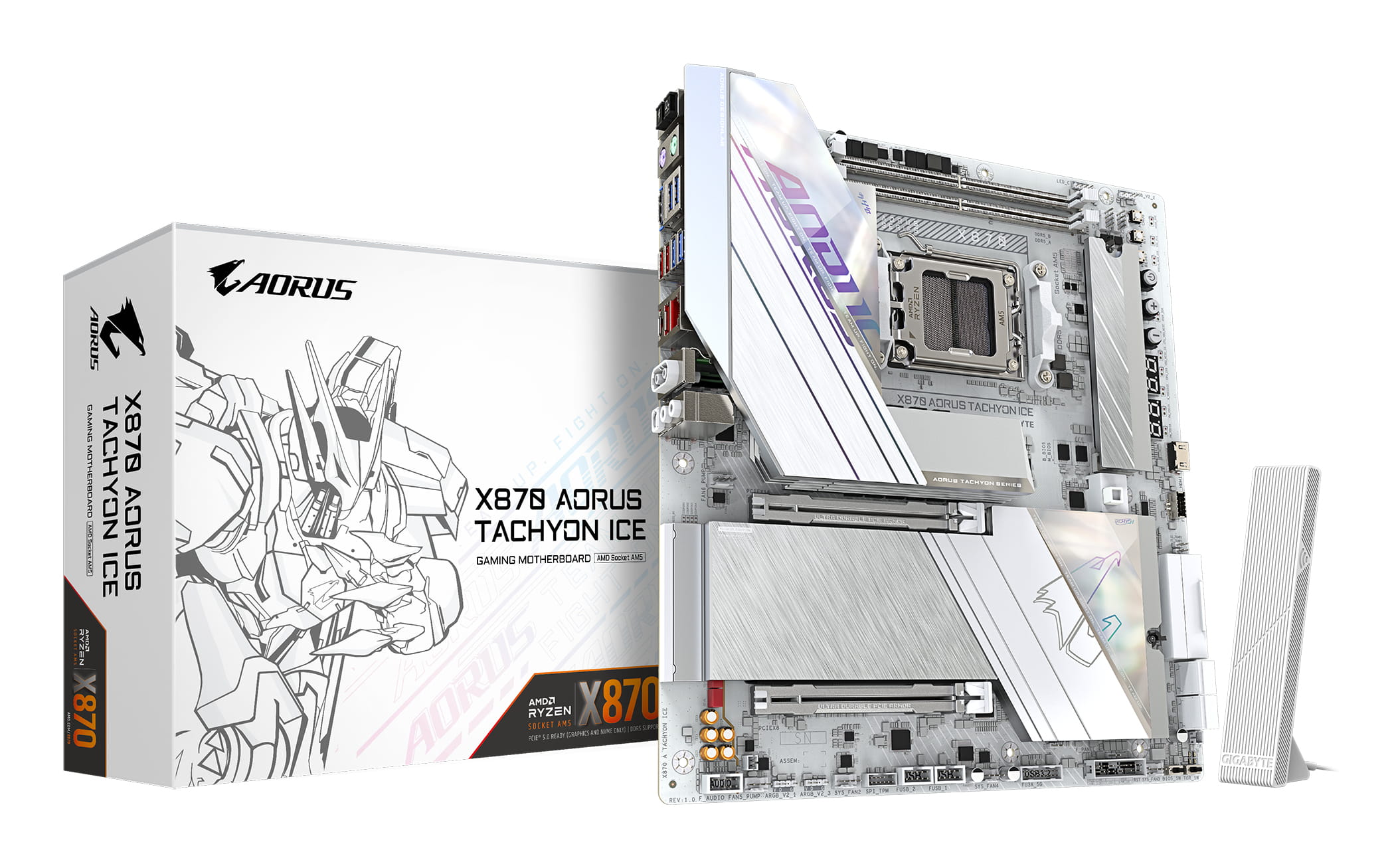 Gigabyte X870 AORUS TACHYON ICE Mainboard – Unterstützt AMD Ryzen 9000 CPUs, digitale 18+2+2 Phasen VRM, bis zu 9600 MHz DDR5 (OC), 1 x PCIe 5.0 + 2 x PCIe 4.0, Wi-Fi 7, 5 GbE LAN, USB 4, AMD, Sockel AM5, AMD Ryzen 7000 Series, AMD Ryzen 8000 Series, 