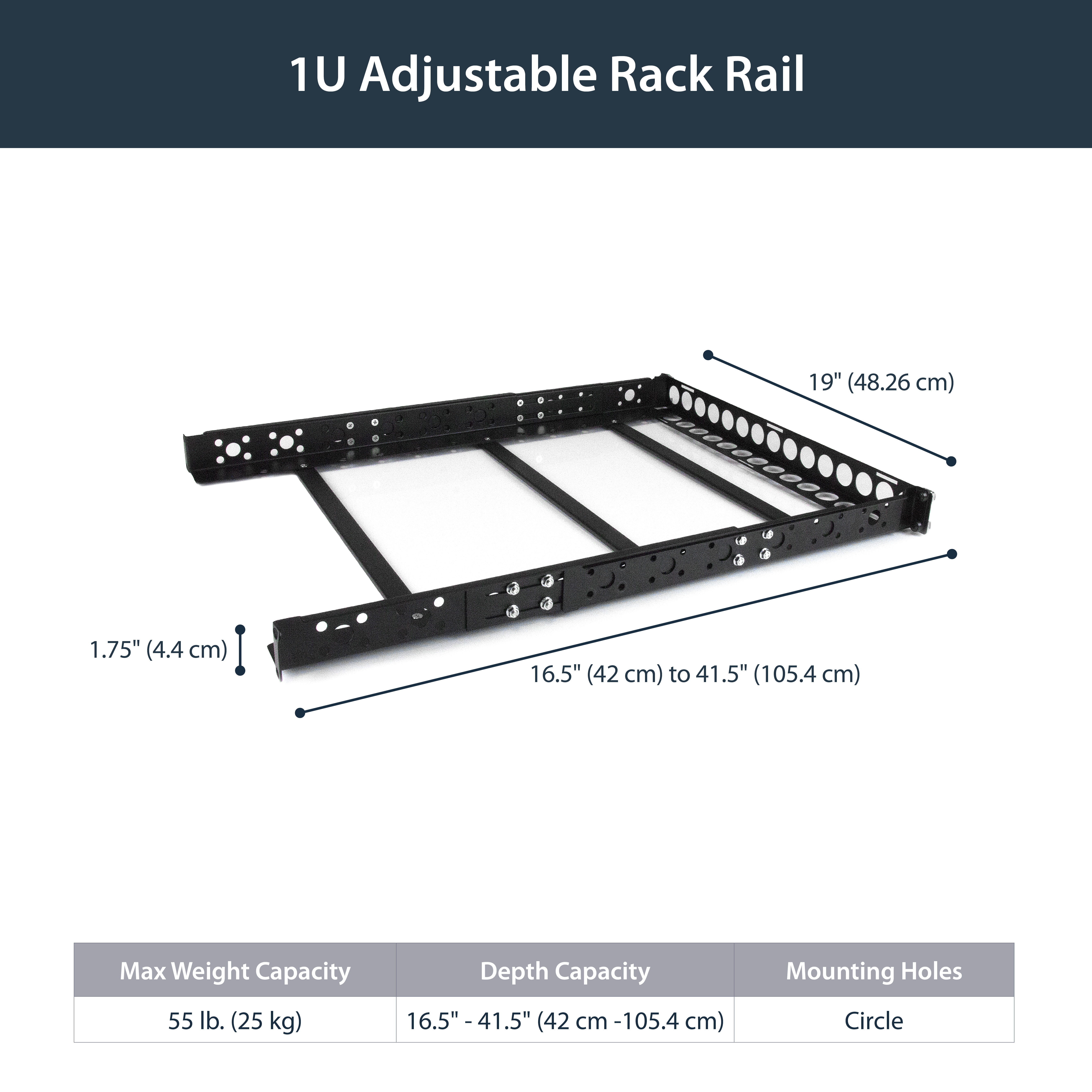 StarTech.com 1HE tiefenvestellbare 19 Zoll Server Rack Schienen - Universal Rack Schiene - Rack-Schiene - Schwarz - 1U - 48.3 cm (19")