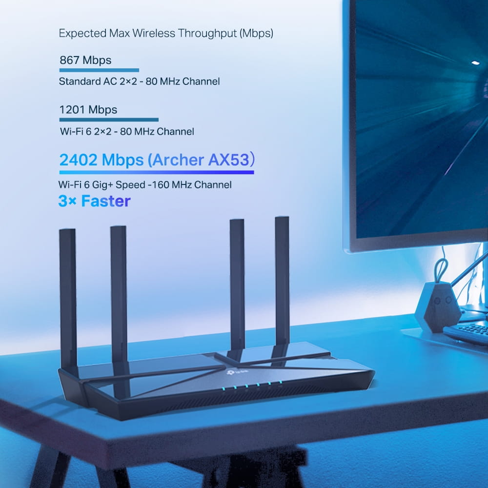 TP-LINK Archer AX3000 Dual Band Gigabit Wi-Fi 6 Router, Wi-Fi 6 (802.11ax), Dual-Band (2,4 GHz/5 GHz), Ethernet/LAN, Schwarz, Tabletop-Router