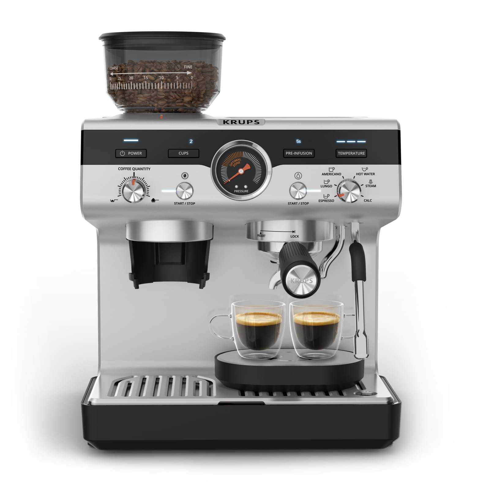 Krups Precision Siebträgermaschine XP801T, Espressomaschine, 3 l, Gemahlener Kaffee, Eingebautes Mahlwerk, Schwarz, Edelstahl