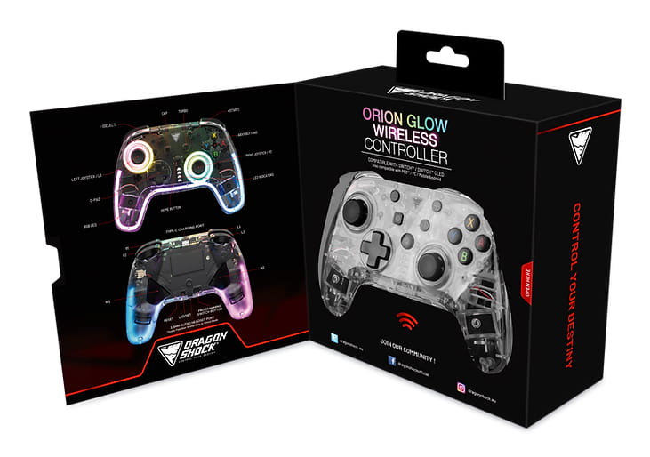 DragonShock Orion Glow, Gamepad, Nintendo Switch, Schaltfläche Zurück, D-Pad, Home button, Reset-Taste, Turbo-Taste, Analog / Digital, Mehrfarbig, Kabellos