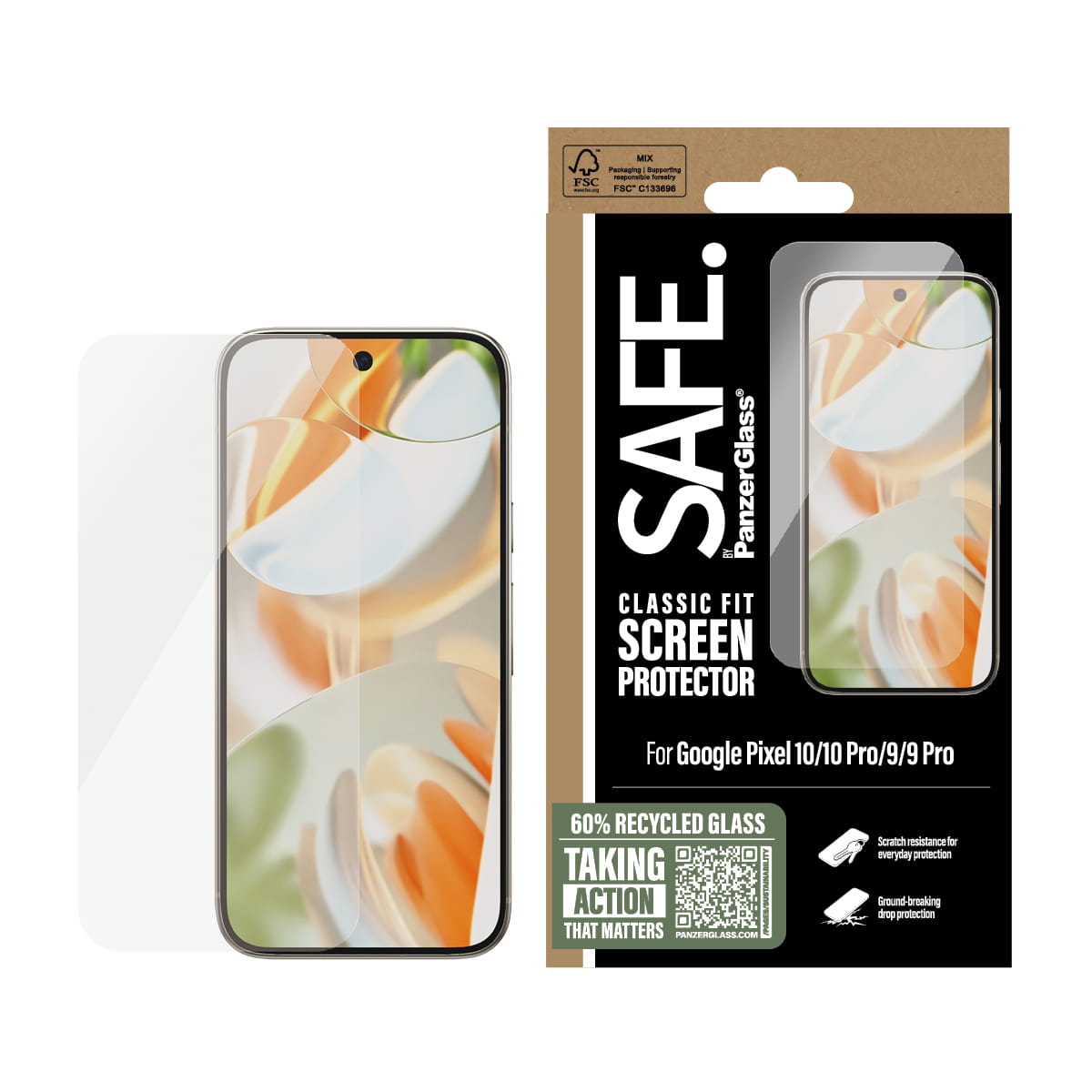 PanzerGlass SAFE. by ® Displayschutz Google Pixel 10 | 10 Pro | 9 | 9 Pro | Classic Fit, Google, Google - Pixel 10, Trockene Anwendung, Kratzresistent, Schockresistent, Transparent, 1 Stück(e)