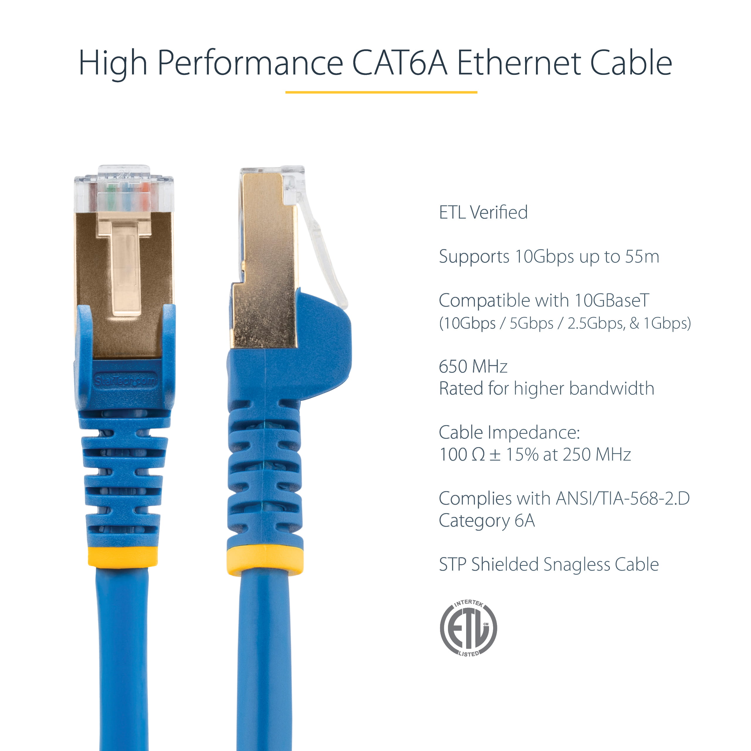 StarTech.com 7m CAT6A Ethernet Cable, 10 Gigabit Shielded Snagless RJ45 100W PoE Patch Cord, CAT 6A 10GbE STP Network Cable w/Strain Relief, Blue, UL Certified Wiring/TIA - Category 6A - 26AWG (6ASPAT7MBL)