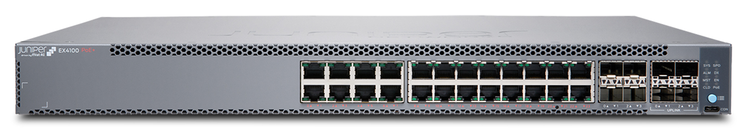 Juniper EX Series EX4100-24T-DC - Switch - TAA-konforme Version - L3 - managed - 24 x 10/100/1000Base-T + 4 x 10 Gigabit (Uplink)