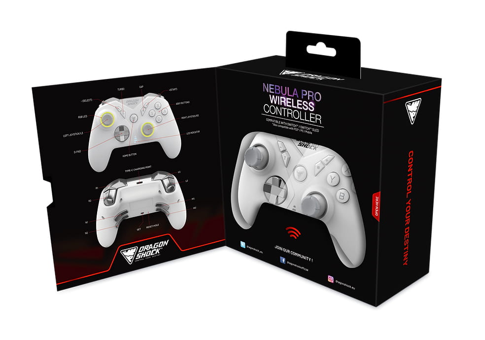 DragonShock Nebula Pro, Gamepad, Nintendo Switch, D-Pad, Home button, Schaltfläche Start, Turbo-Taste, Multi, Kabellos, Bluetooth
