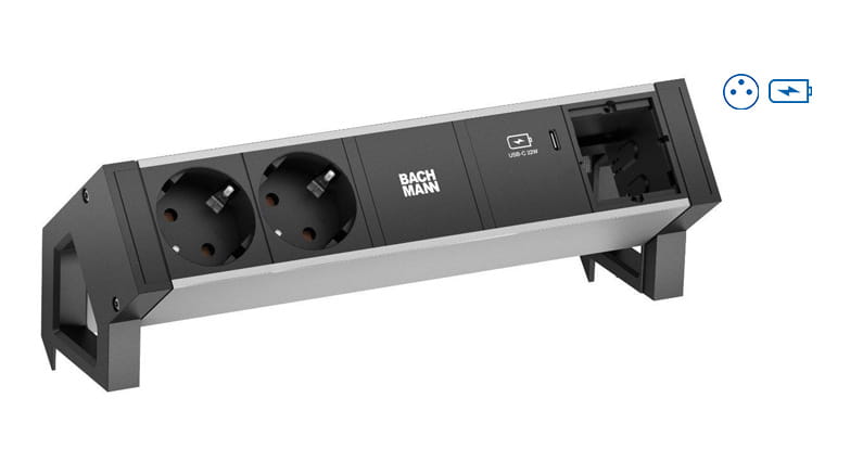 Bachmann DESK 2 ALU - Steckdosenleiste - Wechselstrom 250 V - 3680 Watt - Eingabe, Eingang GST18i3 - Ausgangsanschlüsse: 2 (2 x CEE 7/5, 24 pin USB-C)