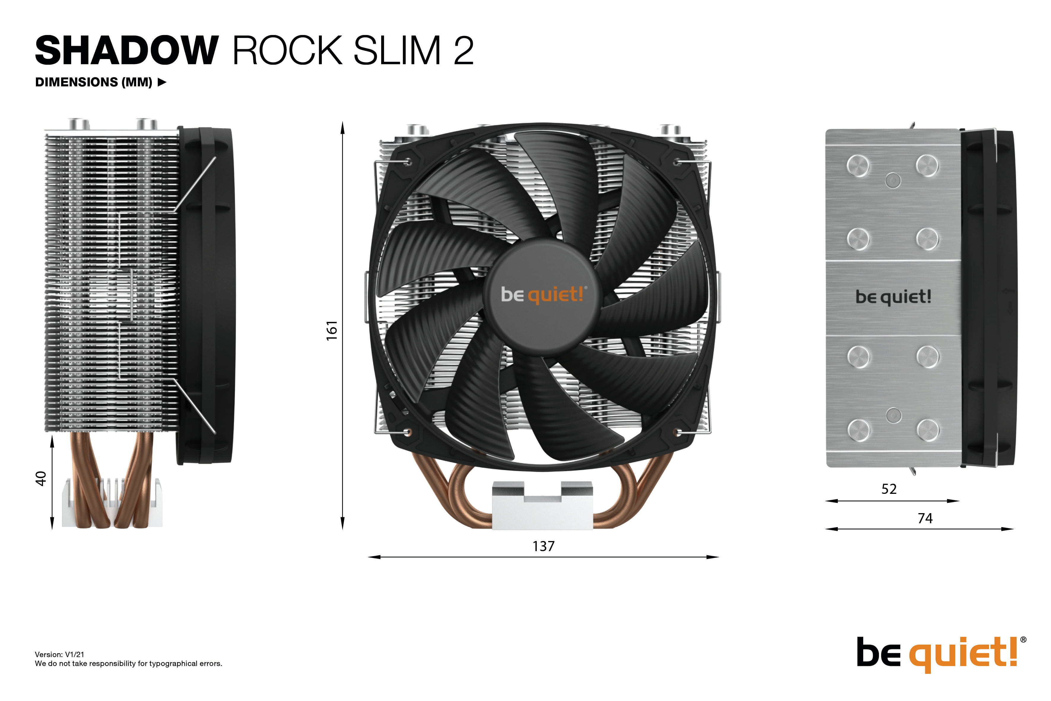 Be Quiet! Shadow Rock Slim 2 - Prozessor-Luftkühler - (für: LGA1150, LGA1151, LGA1155, LGA1200, LGA1700, LGA2011-3 (Square ILM)