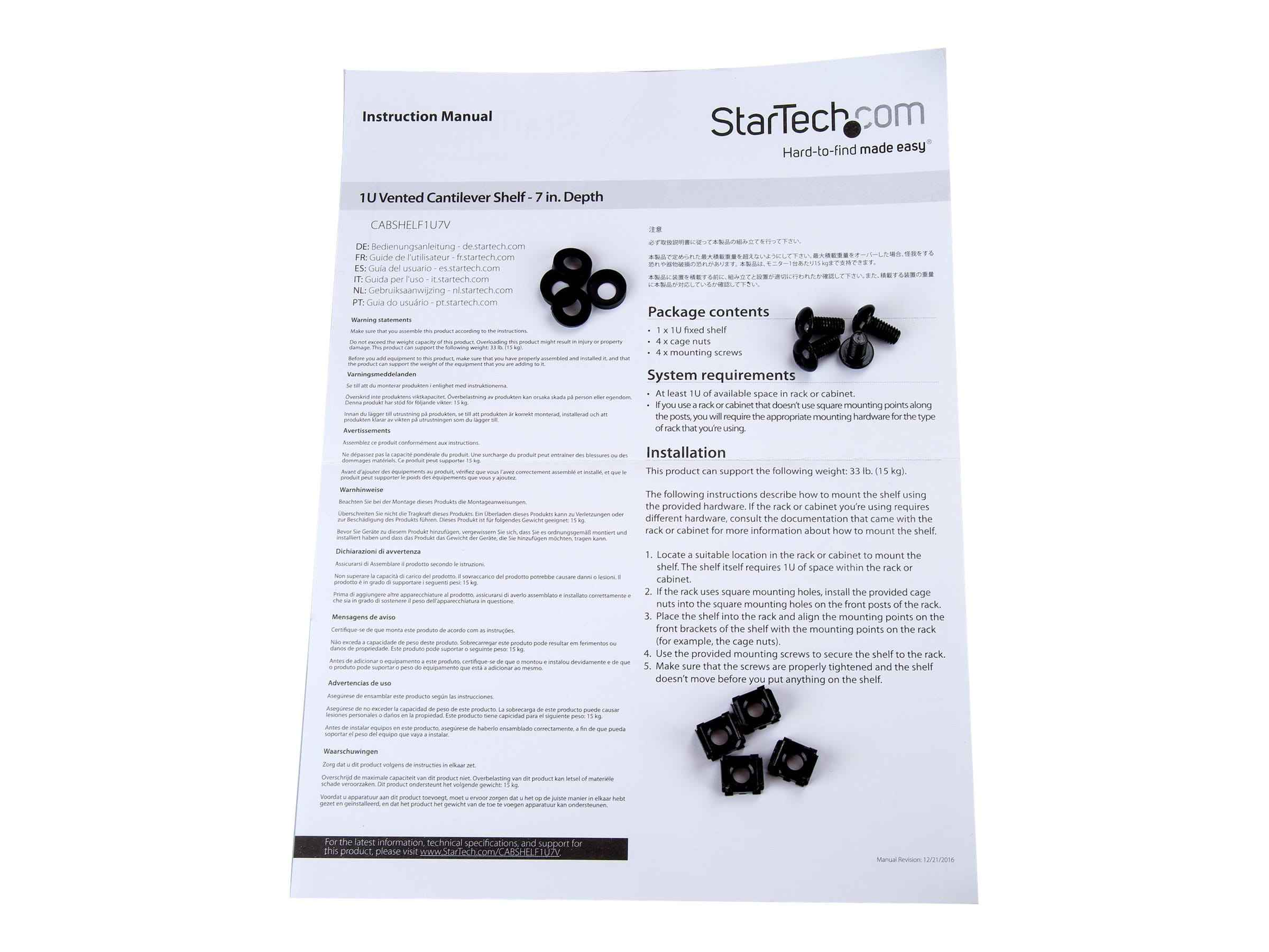 StarTech.com 1 HE Fachboden - Perforiertes Universal Rack Montage Regal für 19 Zoll Netzwerkschränke - Passiv Belüftet - Schwerlast - 20 kg Tragkraft - 18 cm Tiefe Ablage, Schwarz, Regalboden, Stahl, Schwarz, 1 Stück(e), 1,4 kg