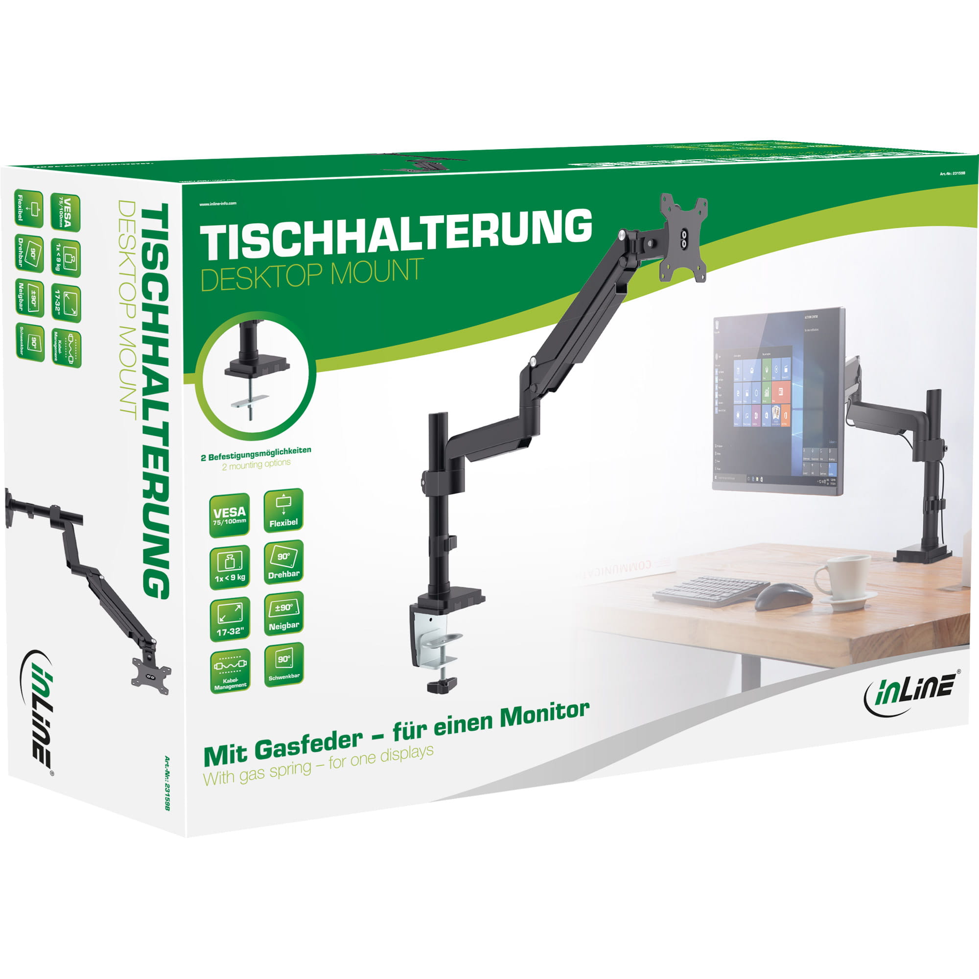 InLine Tischhalterung mit Lifter - beweglich - für Monitore bis 82cm (32") - 9kg
