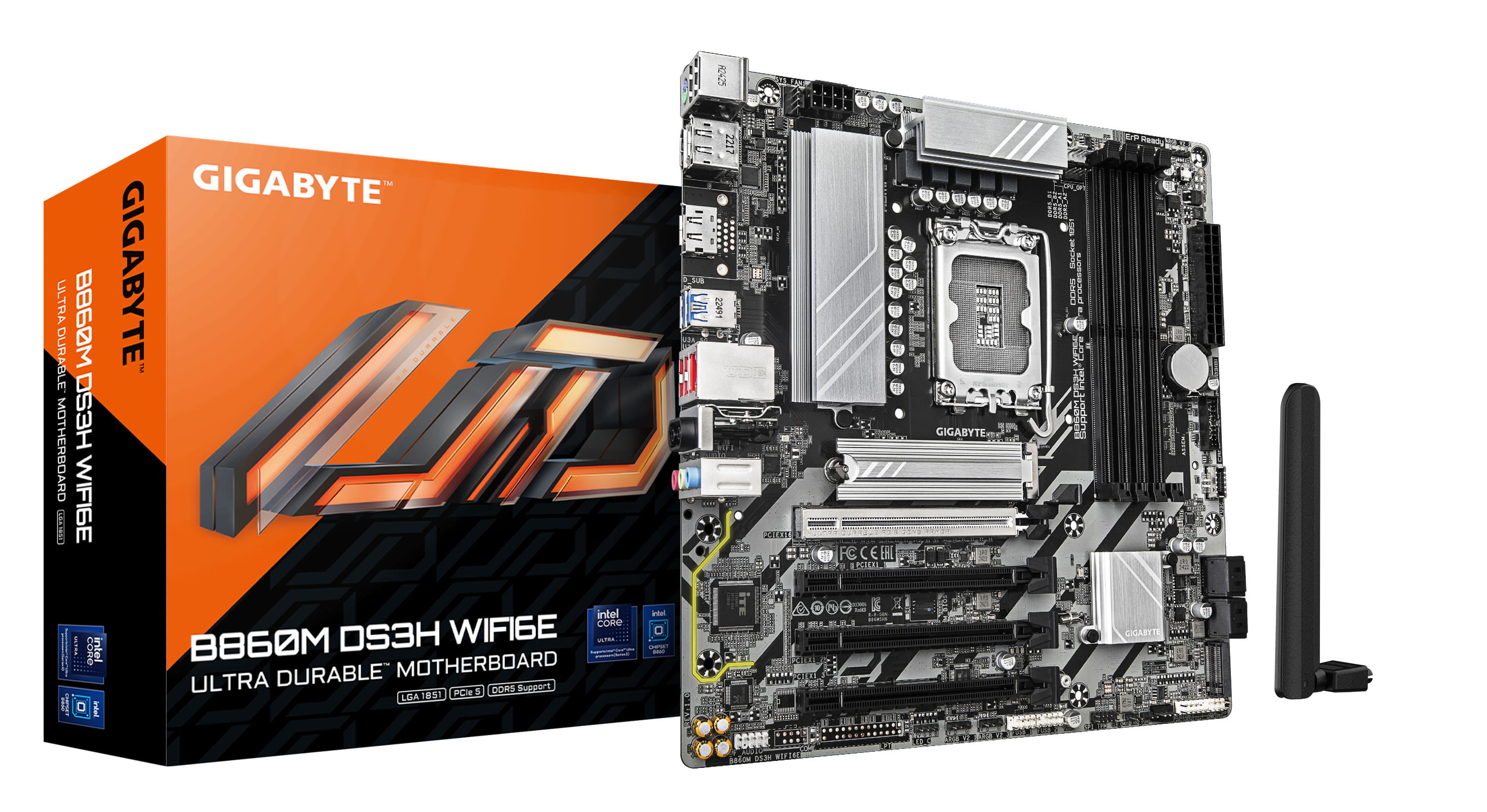 Gigabyte B860M DS3H WIFI6E - Motherboard - micro ATX - LGA1851-Sockel - B860M Chipsatz - USB-C 3.2 Gen 1, USB 3.2 Gen 2, USB 3.2 Gen 1 - Bluetooth, Wi-Fi 6E, 2.5 Gigabit LAN - Onboard-Grafik (CPU erforderlich)