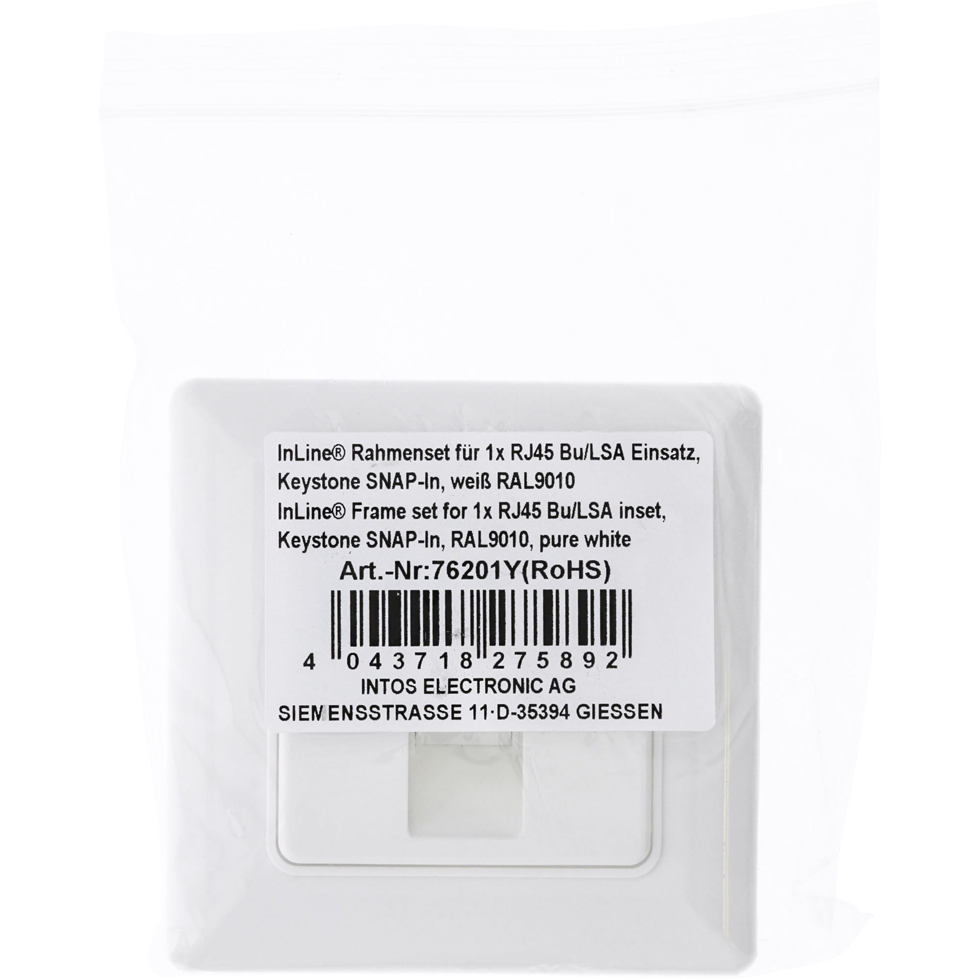 InLine Rahmenset für 1x RJ45 Bu/LSA Einsatz - Keystone SNAP-In - weiß RAL9010