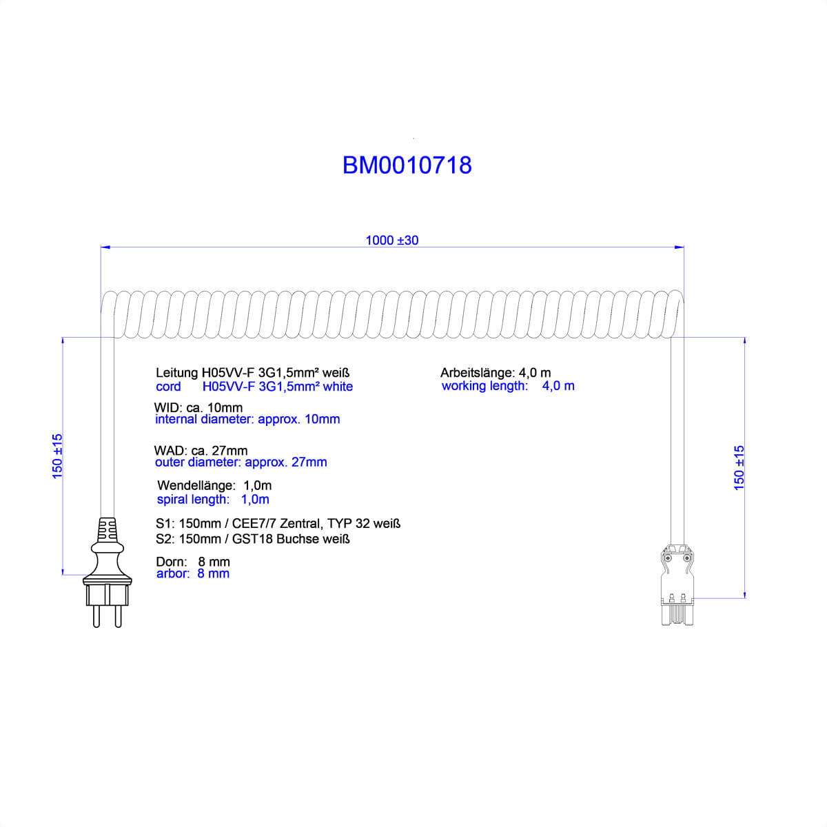 Bachmann Spiralleitung H05VV-F 3G1.5mm² L ws ISV/CEE7/7