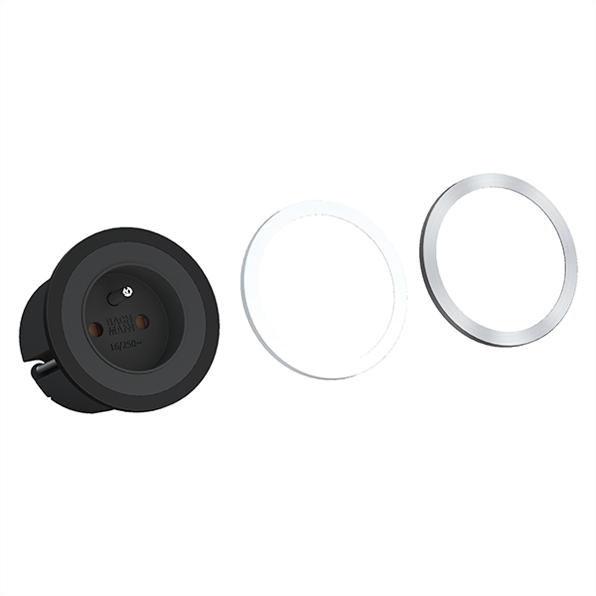 Bachmann PIX - Steckdose - with 3 decorative rings (black, similar to RAL9005, white, similar to RAL9010 and stainless steel look)