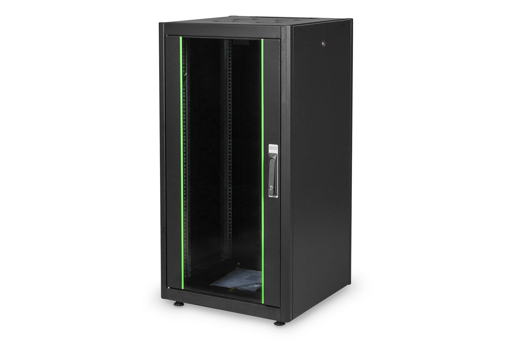DIGITUS Netzwerkschrank Dynamic Basic Serie - 600x600 mm (BxT), Freistehendes Gestell, 22U, 600 kg, Sperrschloss, Ablageschienen, Verstellbare Füße