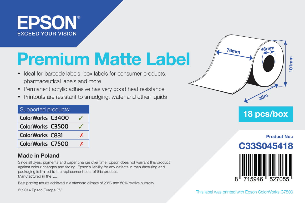 Epson Premium - Matt - Rolle (7,6 cm x 35 m) 1 Rolle(n) Etiketten-Endlospapier - für Epson TM-C3400-LT; ColorWorks CW-C4000E (BK)