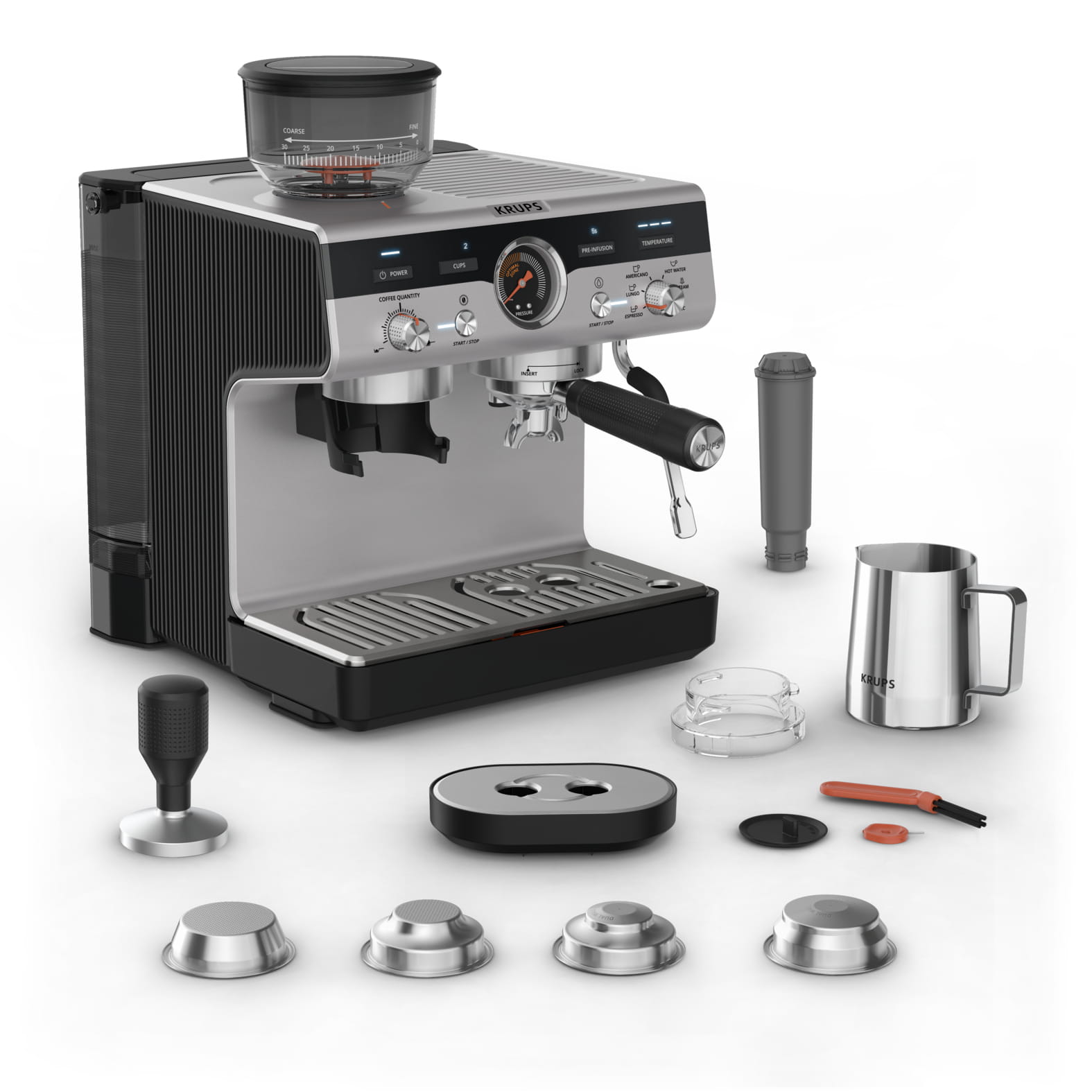 Krups Precision Siebträgermaschine XP801T, Espressomaschine, 3 l, Gemahlener Kaffee, Eingebautes Mahlwerk, Schwarz, Edelstahl