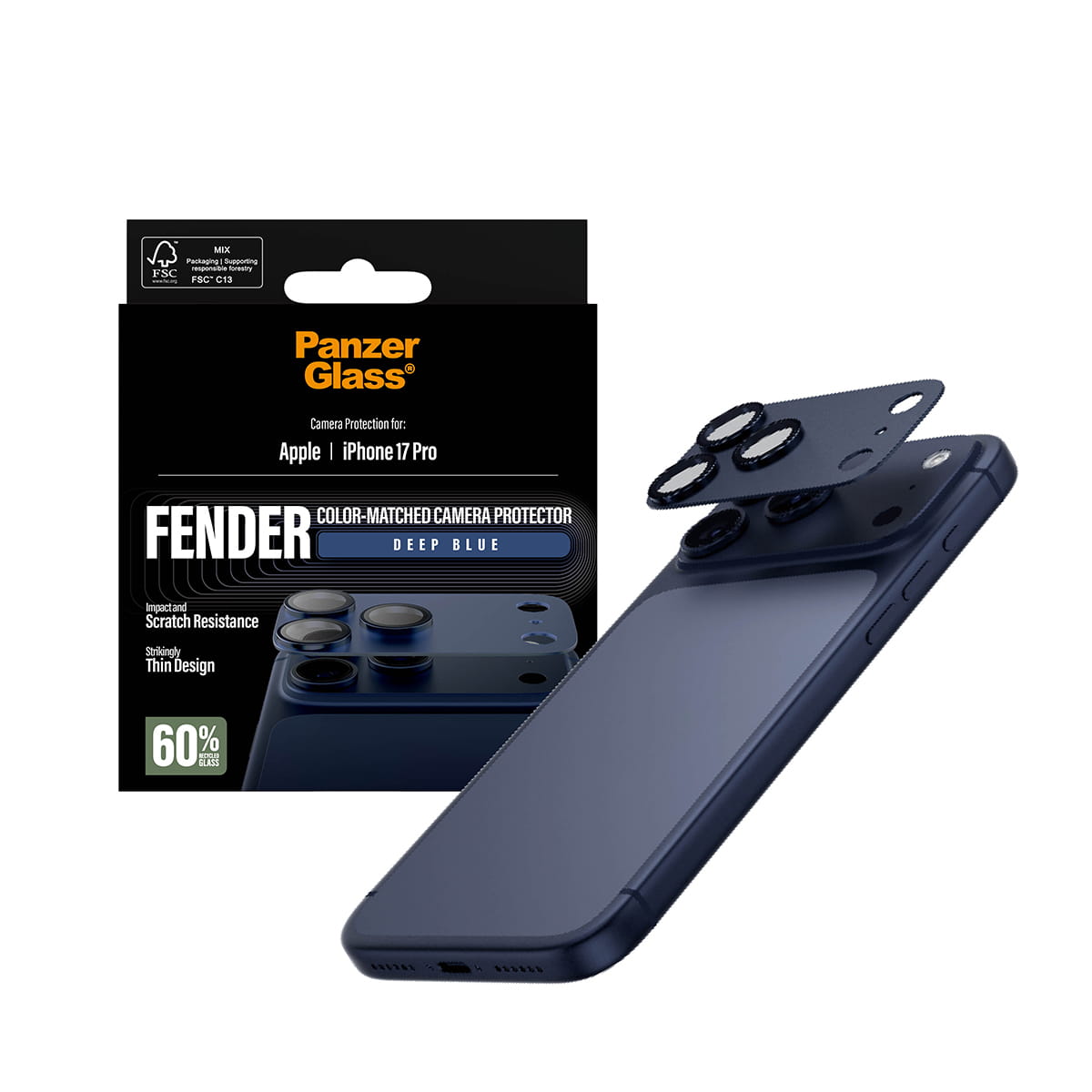 PanzerGlass ® Fender Kameraschutz Tiefblau iPhone 17 Pro, Apple, Apple - iPhone 17 Pro, Trockene Anwendung, Kratzresistent, Schockresistent, Blau, 1 Stück(e)