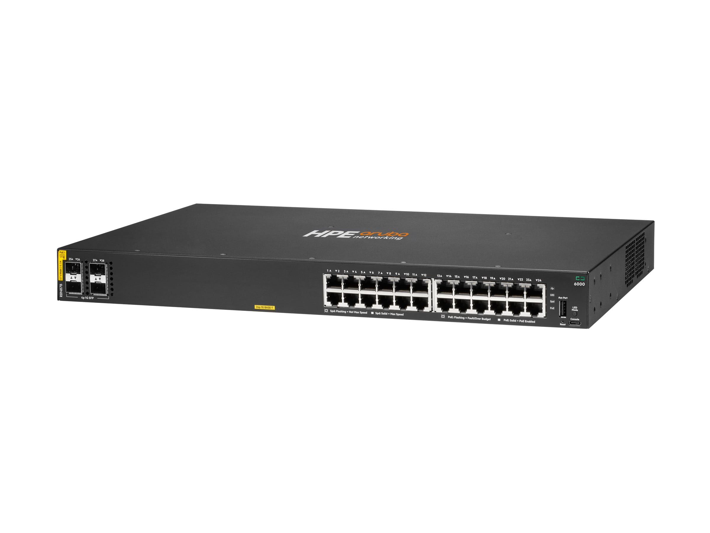 HPE Aruba Networking CX 6000 24p 10M/100M/1G Class4 PoE 4p SFP 1G 370W Switch, Managed, L3, Gigabit Ethernet (10/100/1000), Power over Ethernet (PoE), Rack-Einbau, 1U