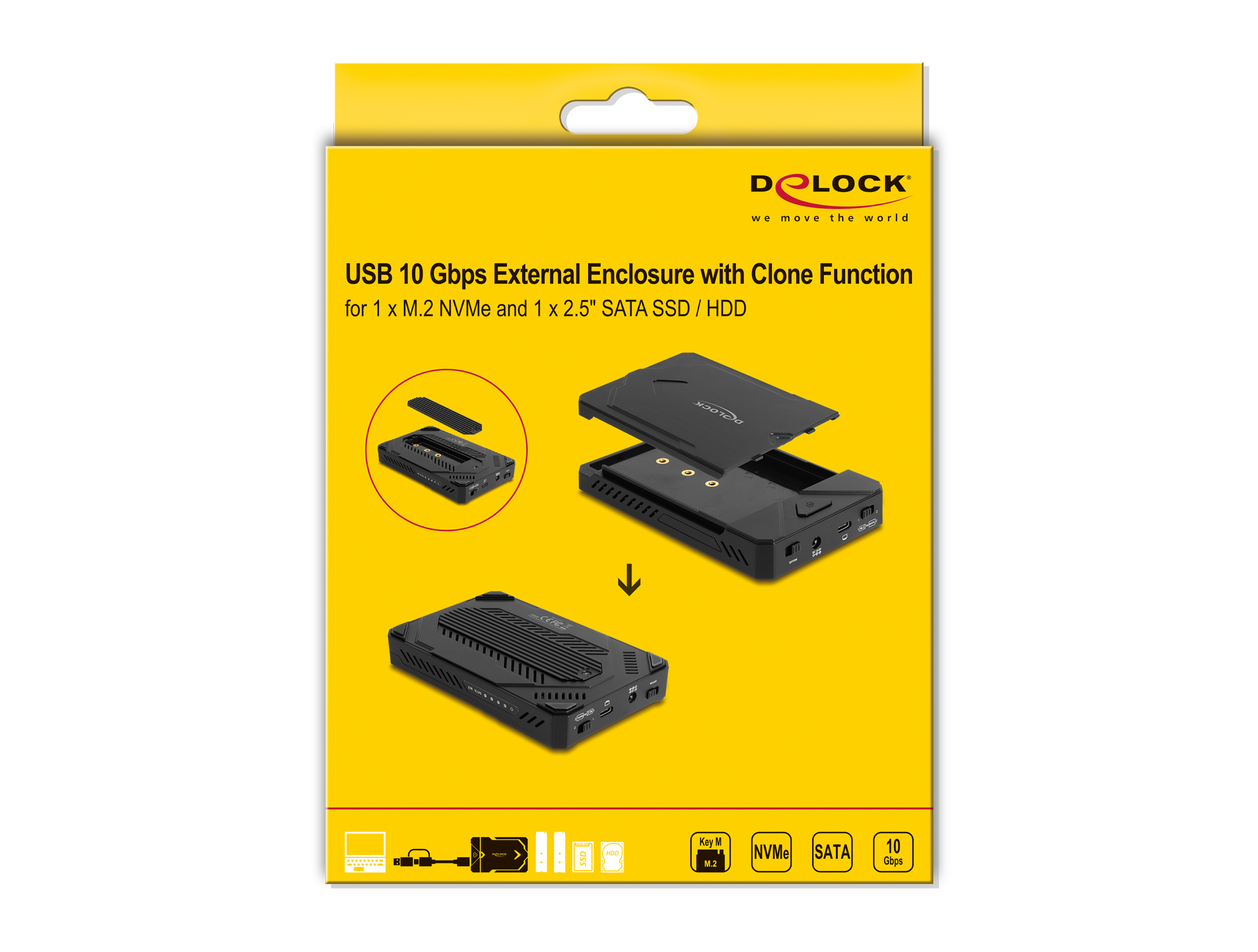 Delock Speichergehäuse - für 1 x M.2 NVMe SSD + 1 x 2,5" SATA SSD / HDD, USB Typ C, mit Klonfunktion - 2.5", M.2 (6.4 cm)