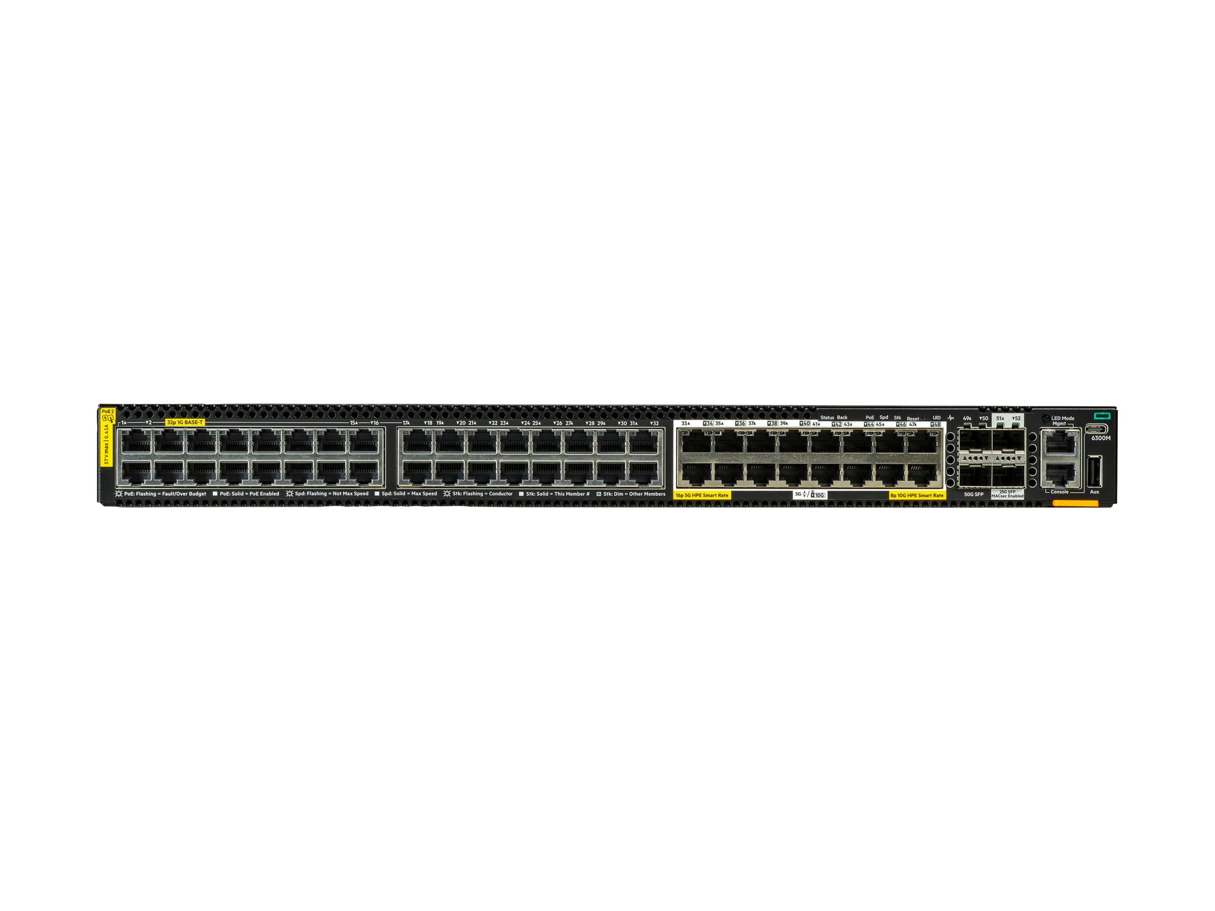 HPE Aruba Networking CX 6300M 32p 1G 16p Smart Rate 5G Class8 PoE 2p SFP56 50G 2p SFP28 25G MACsec Switch - Switch - L3 - managed - 32 x 10/100/1000 (PoE++)