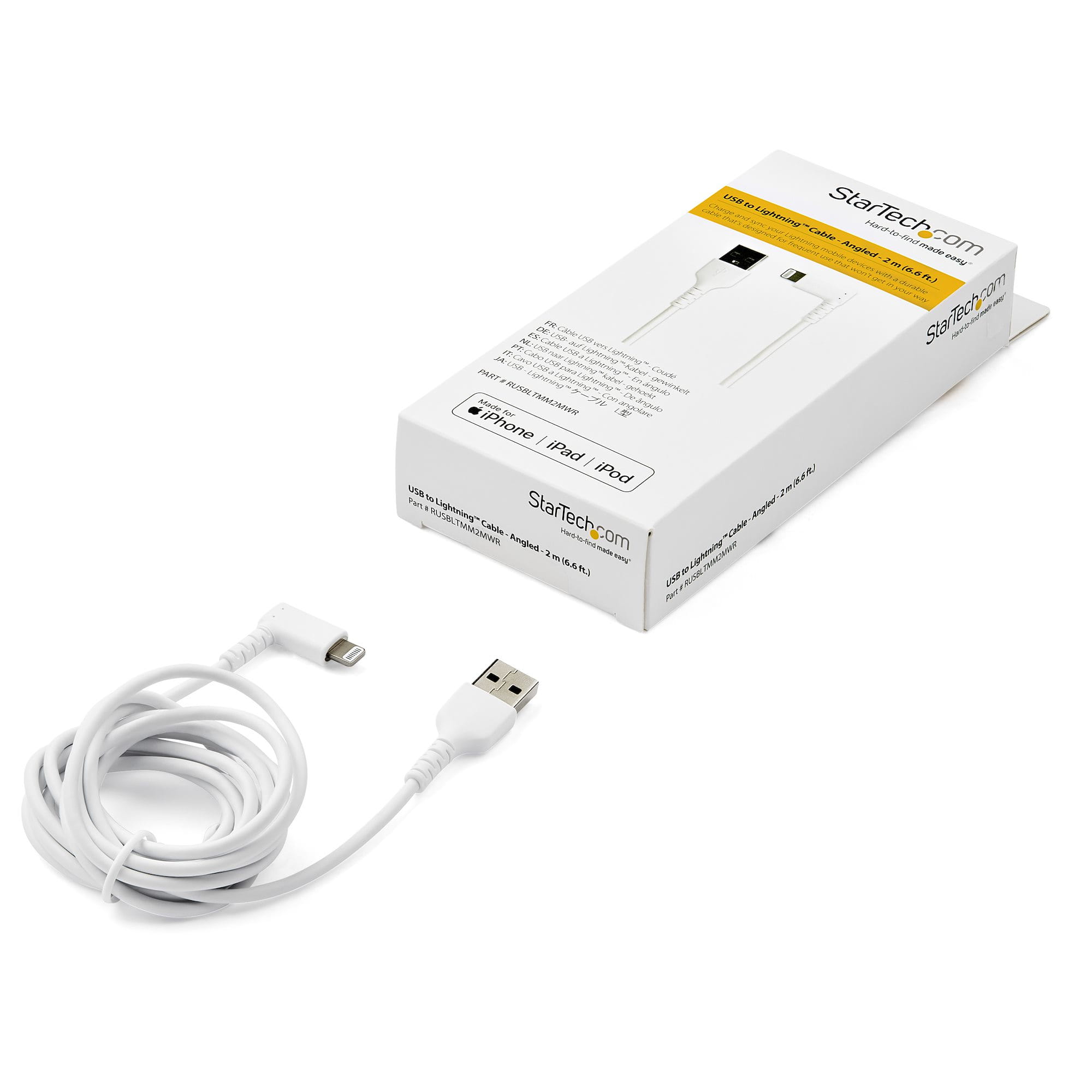StarTech.com 2m USB-A auf Lightning-Kabel - 90° rechtwinkliges USB Typ-A auf Ladekabel - Synchronisationskabel - Apple MFi-zertifiziert iPad/iPhone 12 - Weiß (RUSBLTMM2MWR)